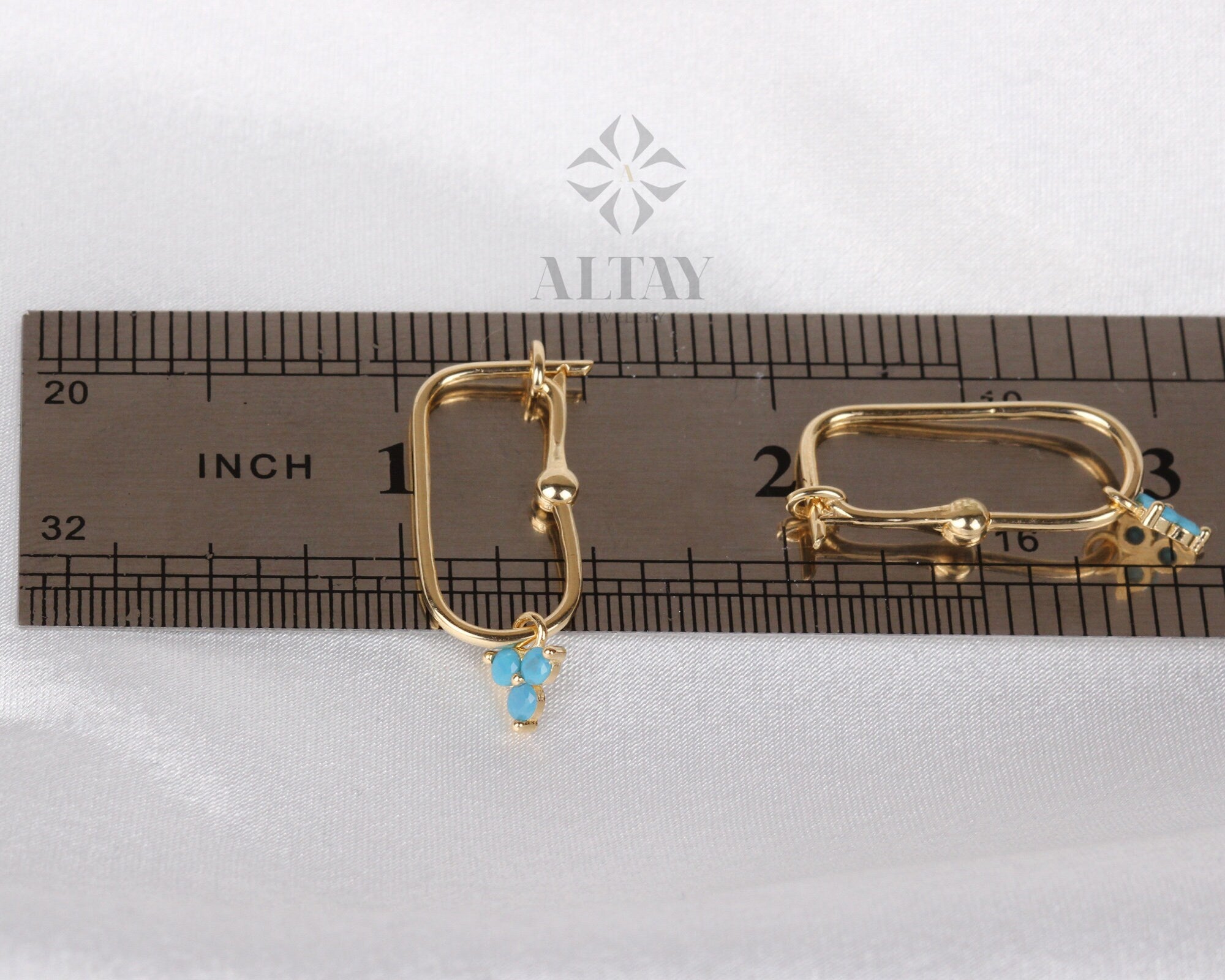 14K Gold Turquoise Rectangle Earrings, Trio Stone Hoop Earrings, Tiny Three Stones Earring, Dainty Delicate Gift For Her