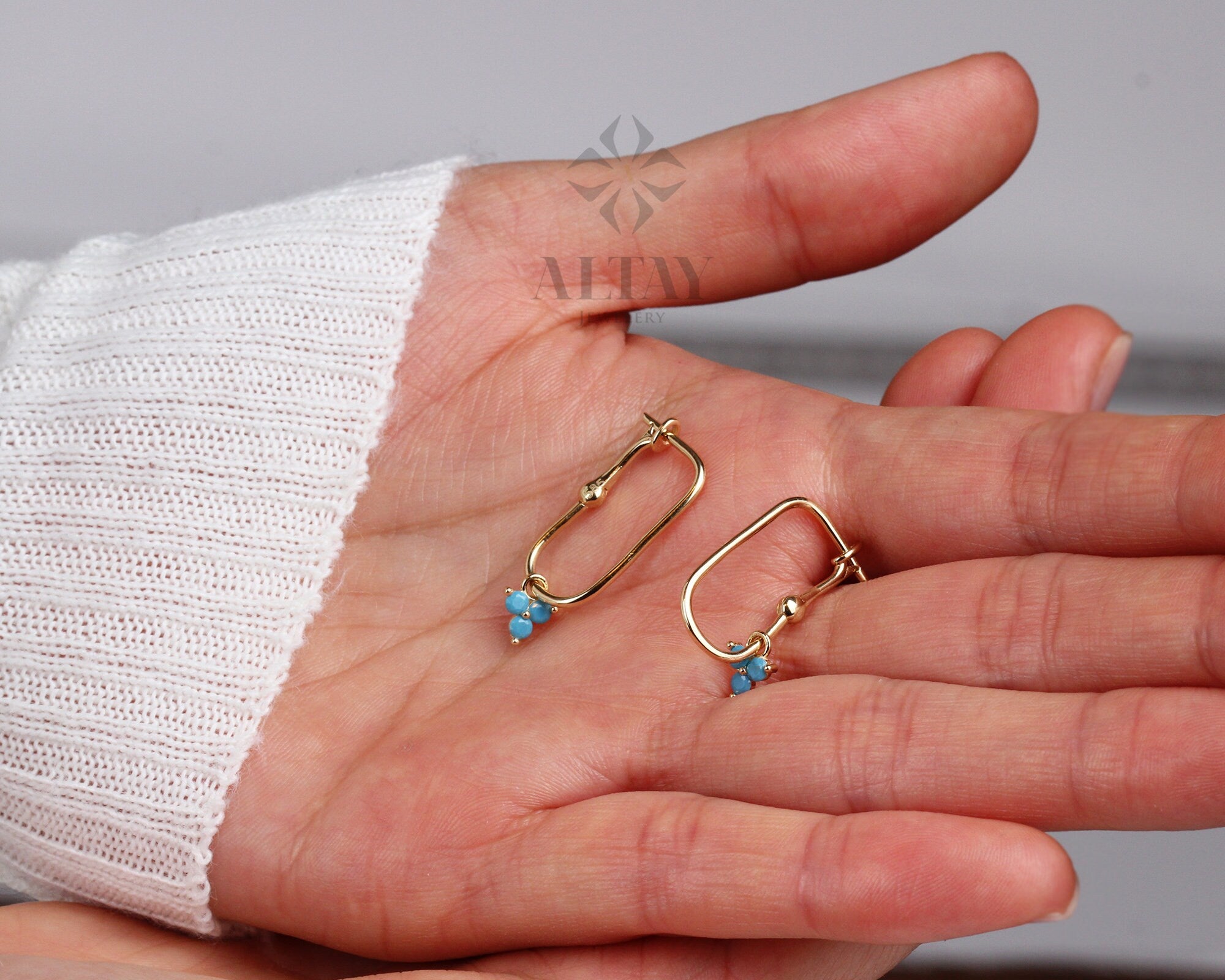 14K Gold Turquoise Rectangle Earrings, Trio Stone Hoop Earrings, Tiny Three Stones Earring, Dainty Delicate Gift For Her