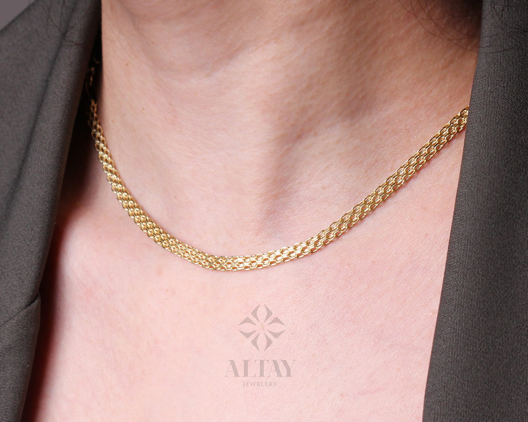 14K Gold Bismark Necklace, 4.4 mm Curb Chain Choker, Herringbone Stack Link Charm, Braided Bismarck Christmas Valentine's Day Gift For Her