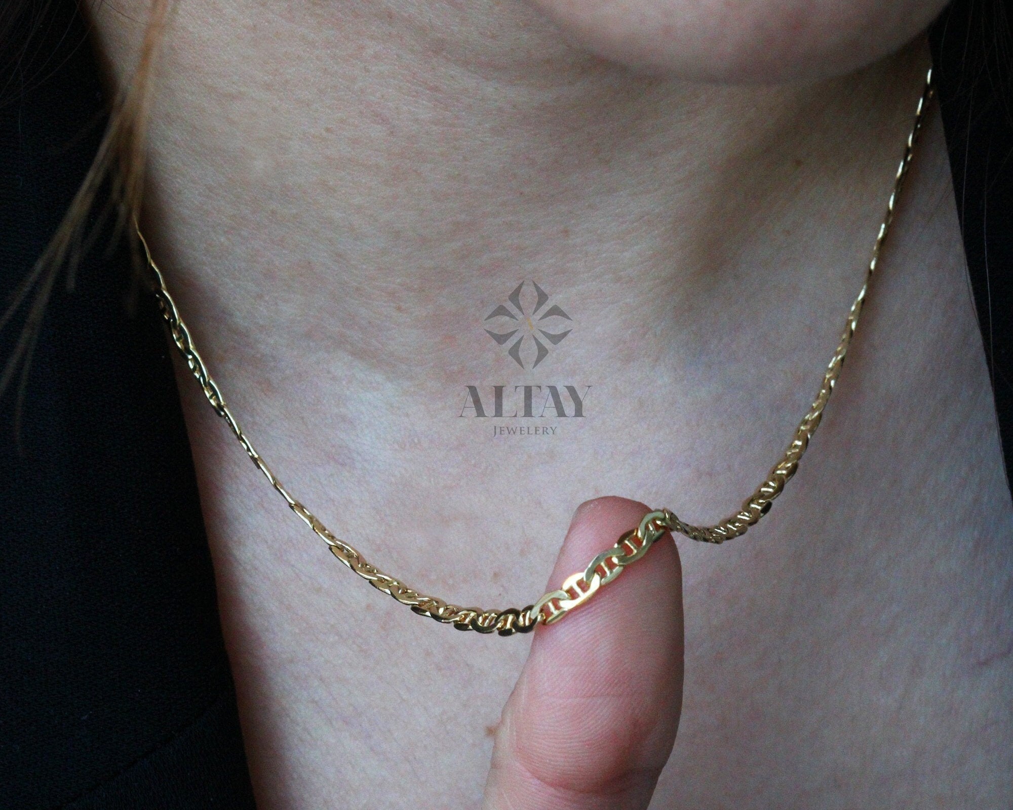 14K Gold Anchor Mariner Chain Necklace, 3mm 4mm Flat Choker, Mariner Curb Chain, Bold Mariner Chain, Mariner Anchor Chain, Men Women Chain