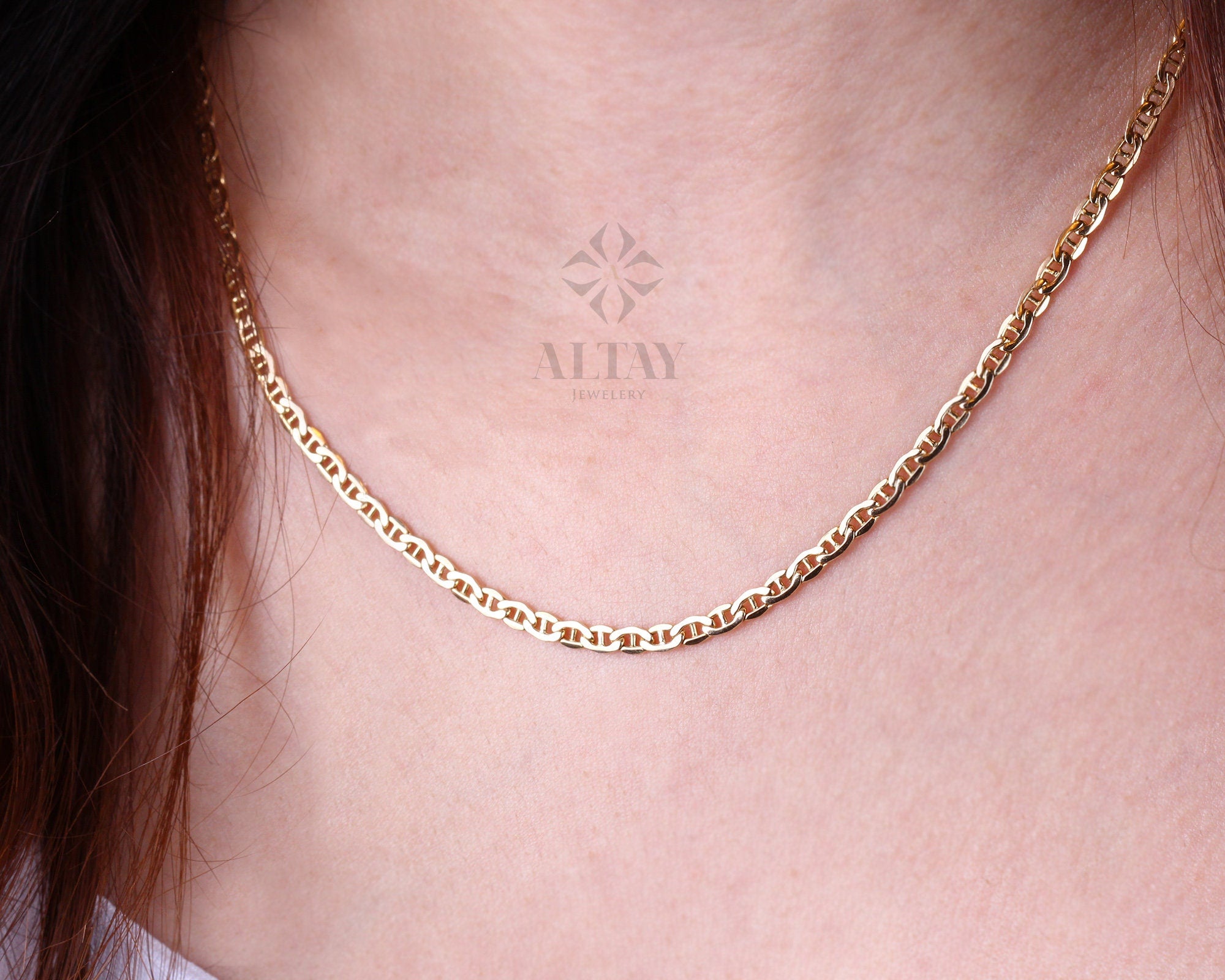 14K Gold Anchor Mariner Chain Necklace, 3mm Flat Choker Layering, Mariner Curb Chain, Gold Mariner Link Chain Charm, Shiny Link Gift For Her