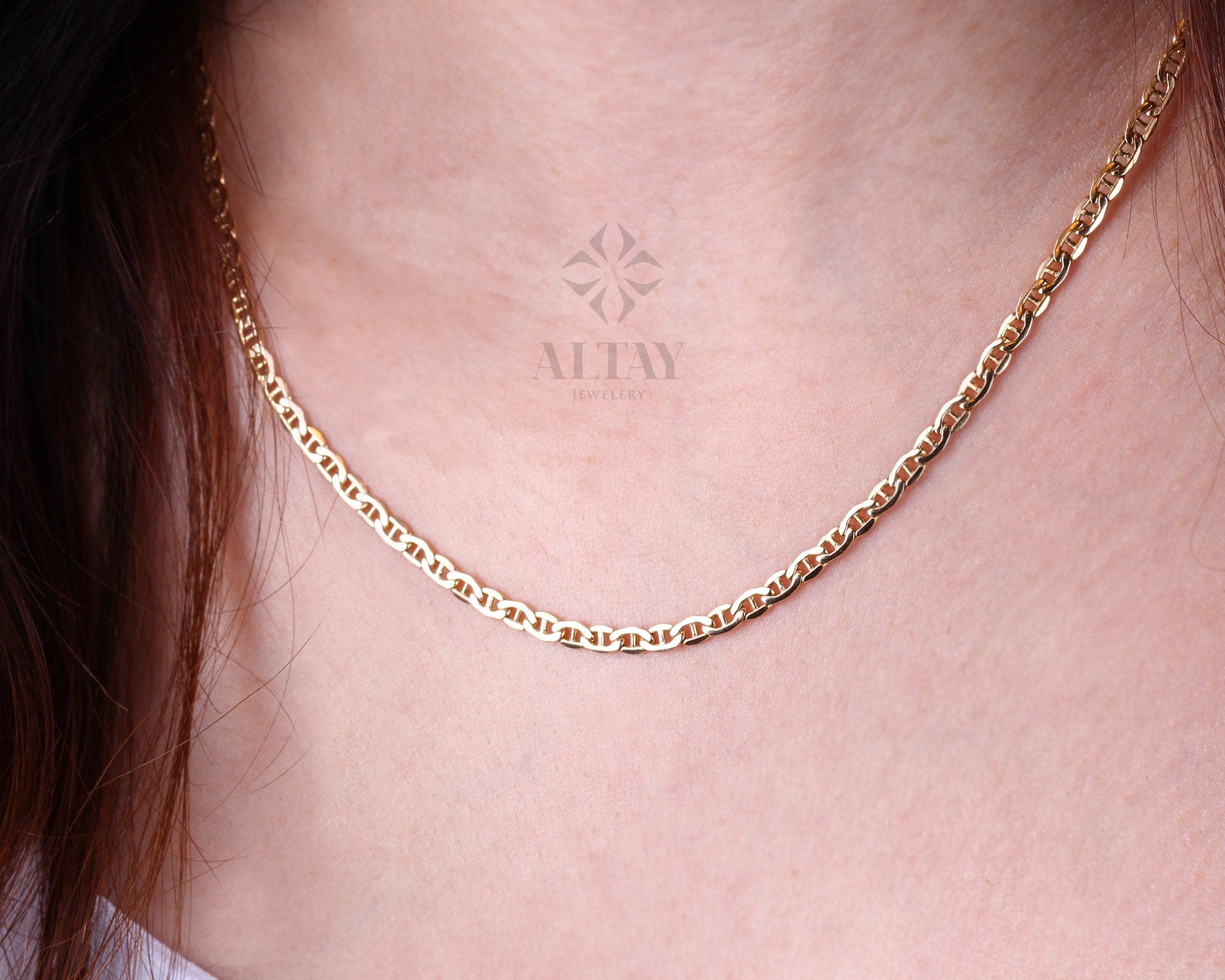14K Gold Anchor Mariner Chain Necklace, 3mm 4mm Flat Choker, Mariner Curb Chain, Bold Mariner Chain, Mariner Anchor Chain, Men Women Chain