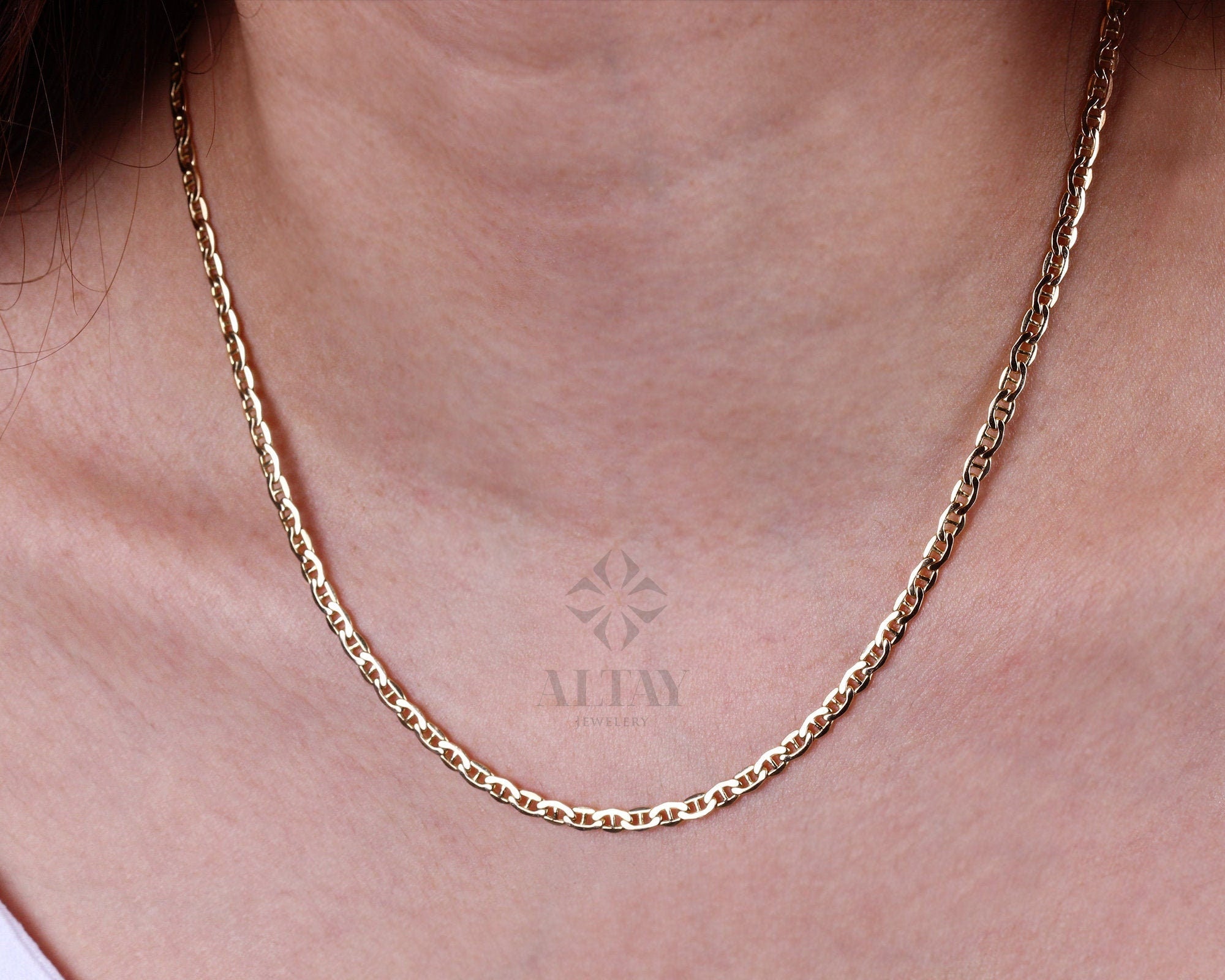 14K Gold Anchor Mariner Chain Necklace, 3mm Flat Choker Layering, Mariner Curb Chain, Gold Mariner Link Chain Charm, Shiny Link Gift For Her