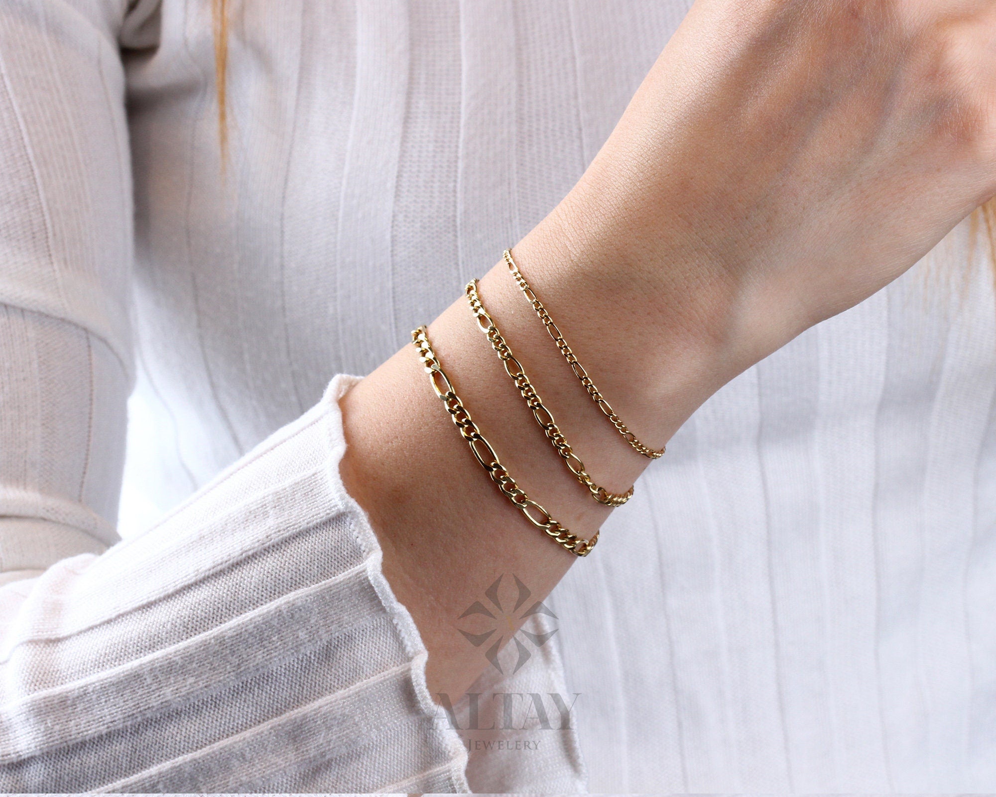 14K Solid Gold Figaro Chain Bracelet, 2mm 3mm 4mm Italian Figaro Chain Link, Real Gold Dainty Bracelet, Stacking Bracelet, Gift for Her