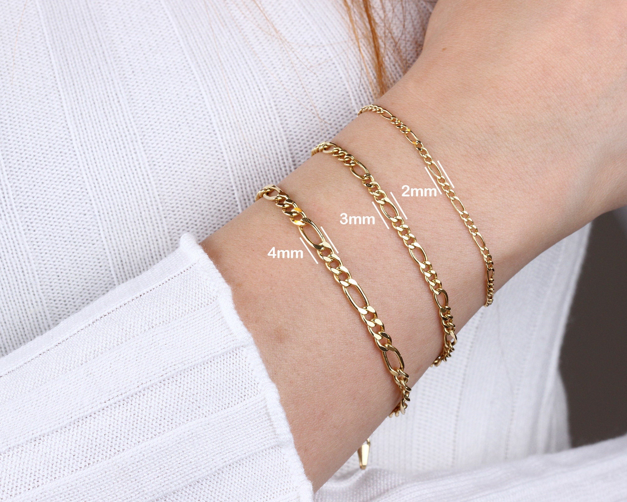 14K Solid Gold Figaro Chain Bracelet, 2mm 3mm 4mm Italian Figaro Chain Link, Real Gold Dainty Bracelet, Stacking Bracelet, Gift for Her