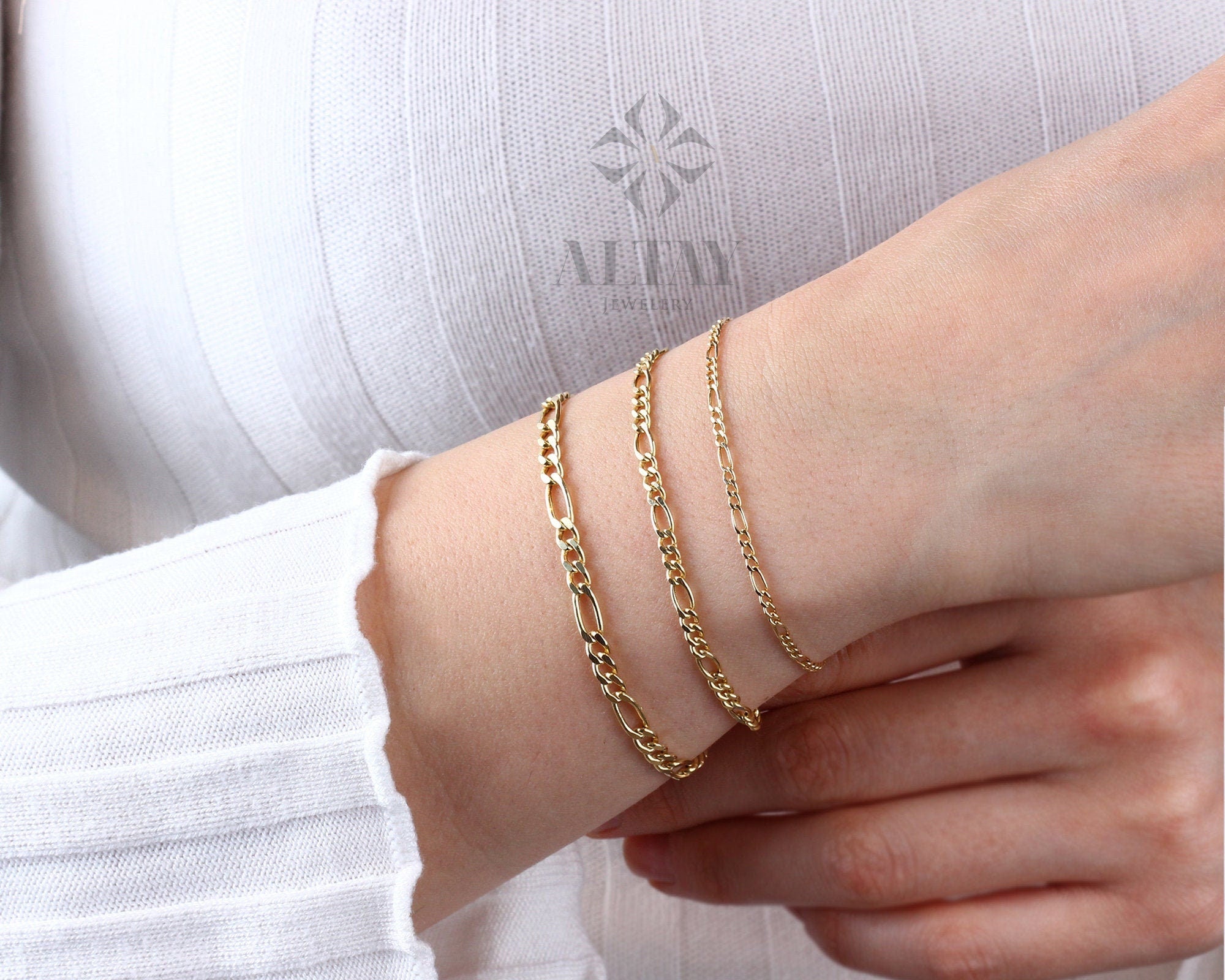 14K Solid Gold Figaro Chain Bracelet, 2mm 3mm 4mm Italian Figaro Chain Link, Real Gold Dainty Bracelet, Stacking Bracelet, Gift for Her