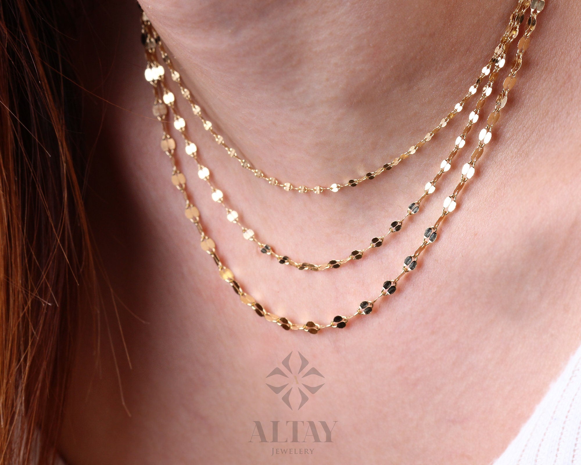 Thin gold sequin necklace, minimalist charm jewelry