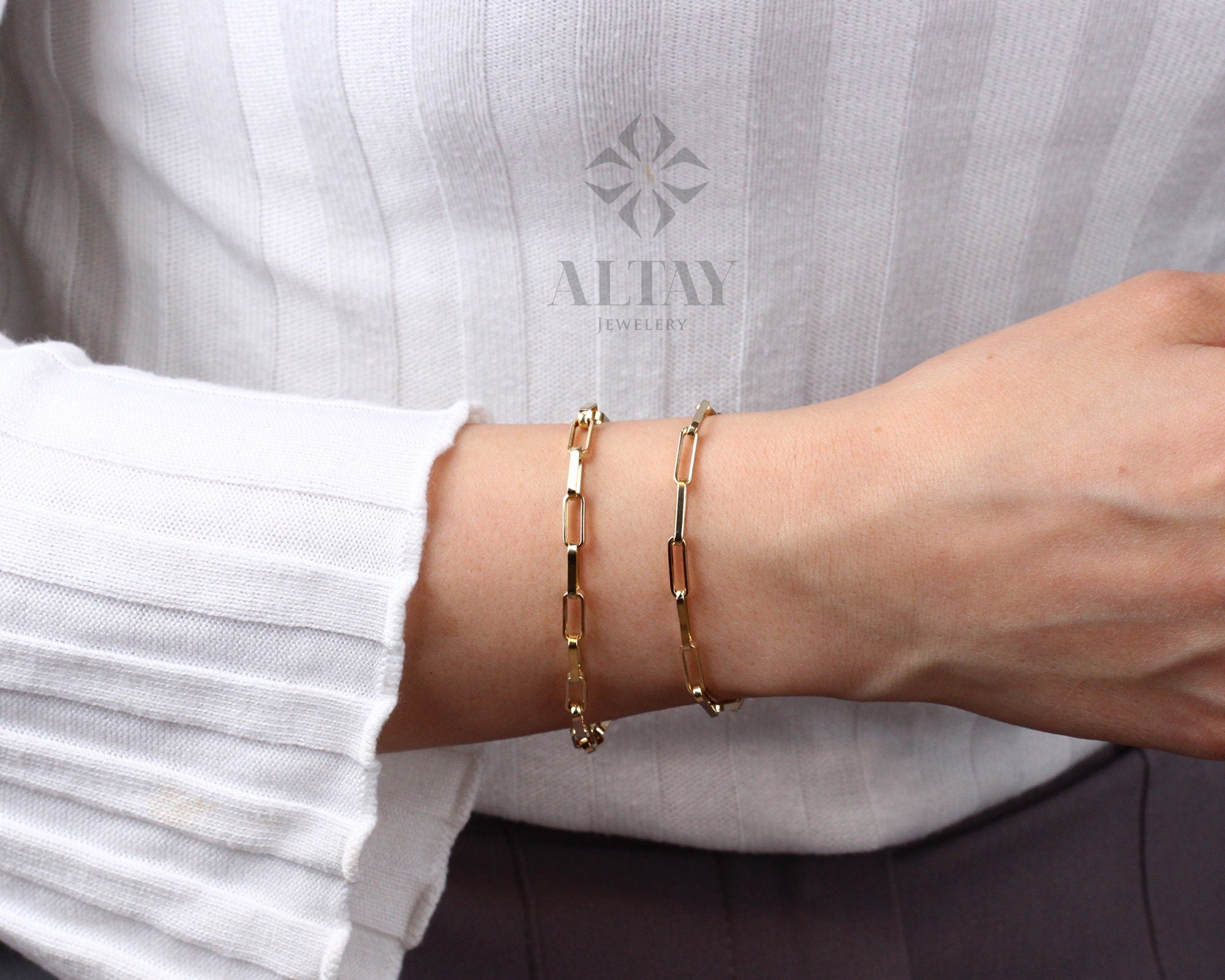 14K Gold Paperclip Chain Bracelet, Rectangle Long Chain, Chunky Chain Link Anklet, Stacking Bracelets, Men Women Layering Chain Bracelet