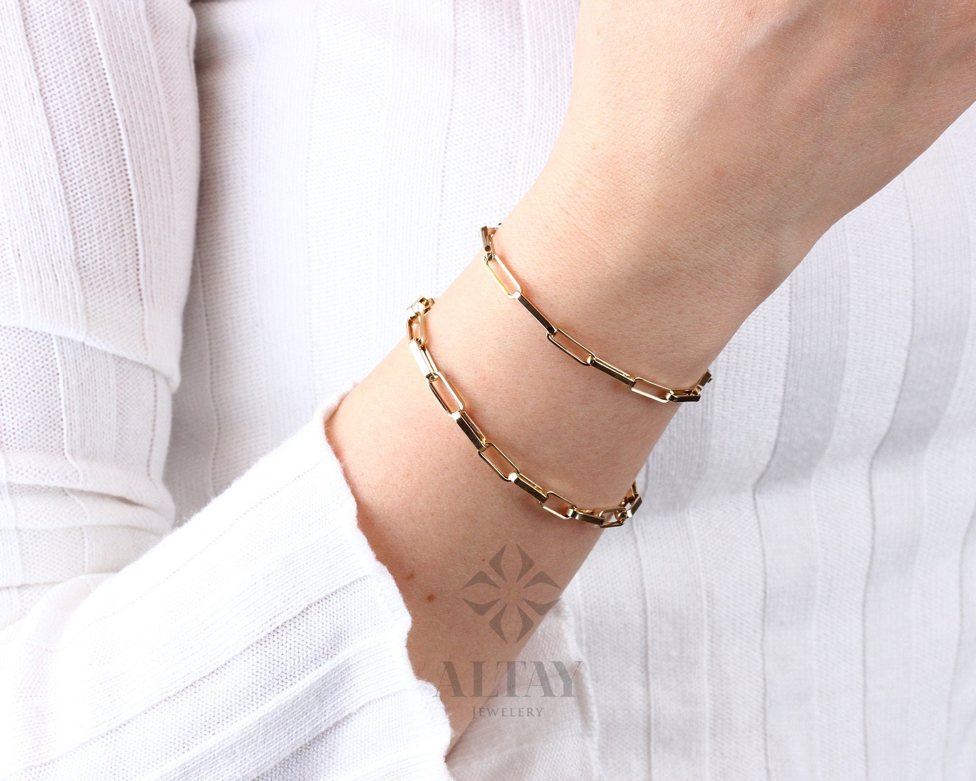 14K Solid Gold Paperclip Chain Bracelet, Rectangle Long Chain, Chunky Chain Link Bracelet, Stacking Bracelets, Dainty Chain, Gift For Her