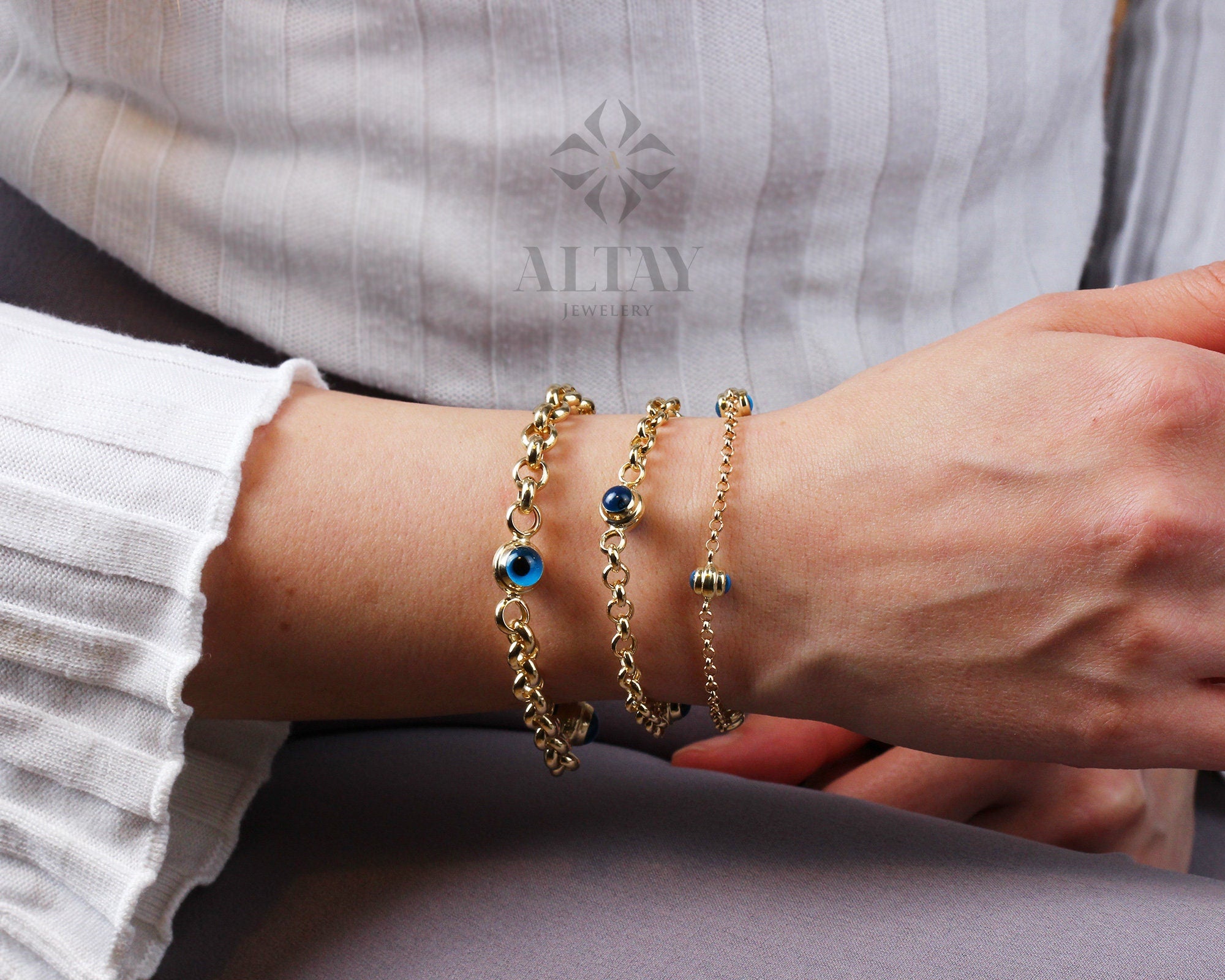 14K Gold Evil Eye Bracelet, Gold Rolo Chain Bracelet, Evil Eye Charm Bracelet, Everyday Protective Jewelry, Minimalist Jewelry, Gift for Her