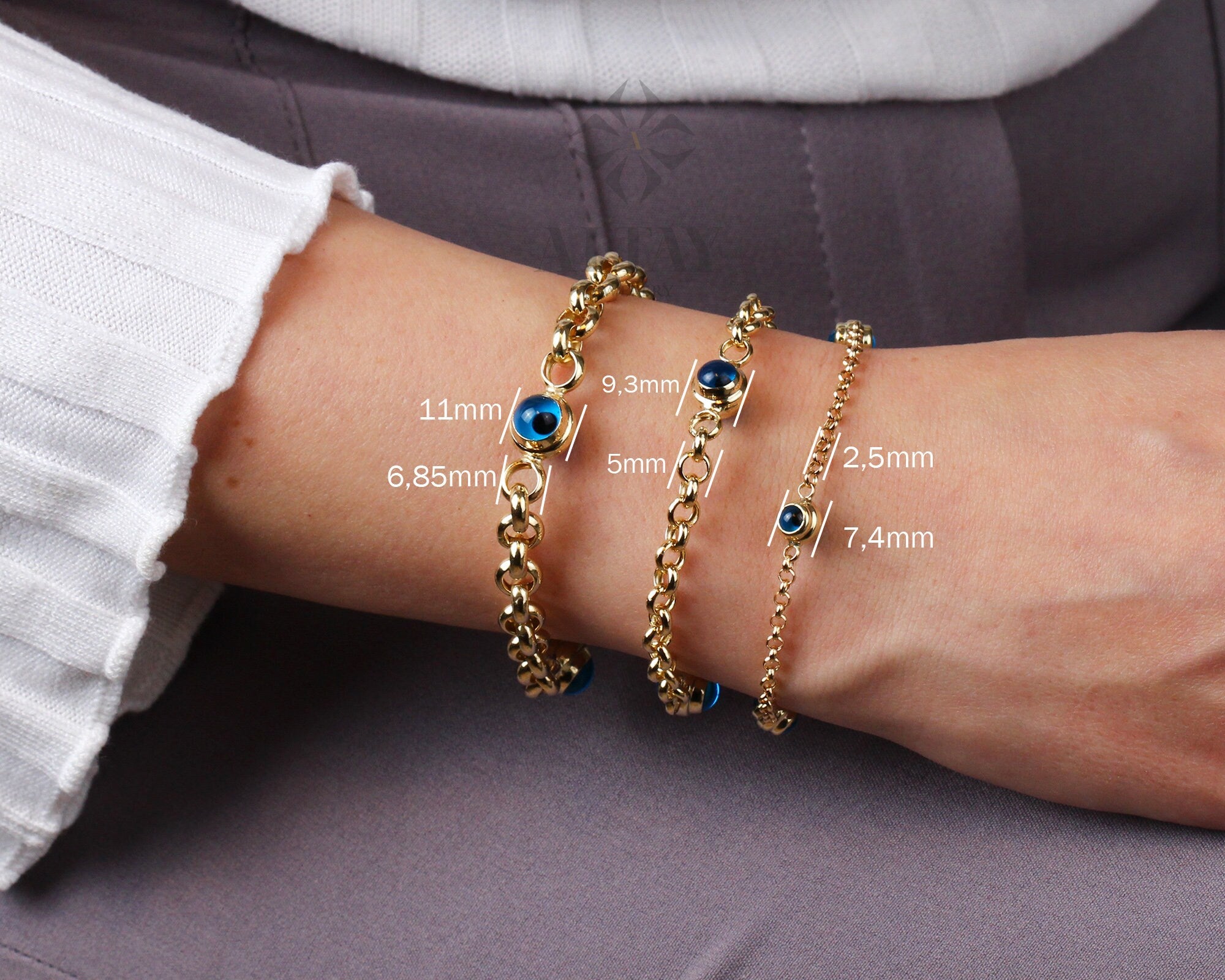 14K Gold Evil Eye Bracelet, Gold Rolo Chain Bracelet, Evil Eye Charm Bracelet, Everyday Protective Jewelry, Minimalist Jewelry, Gift for Her