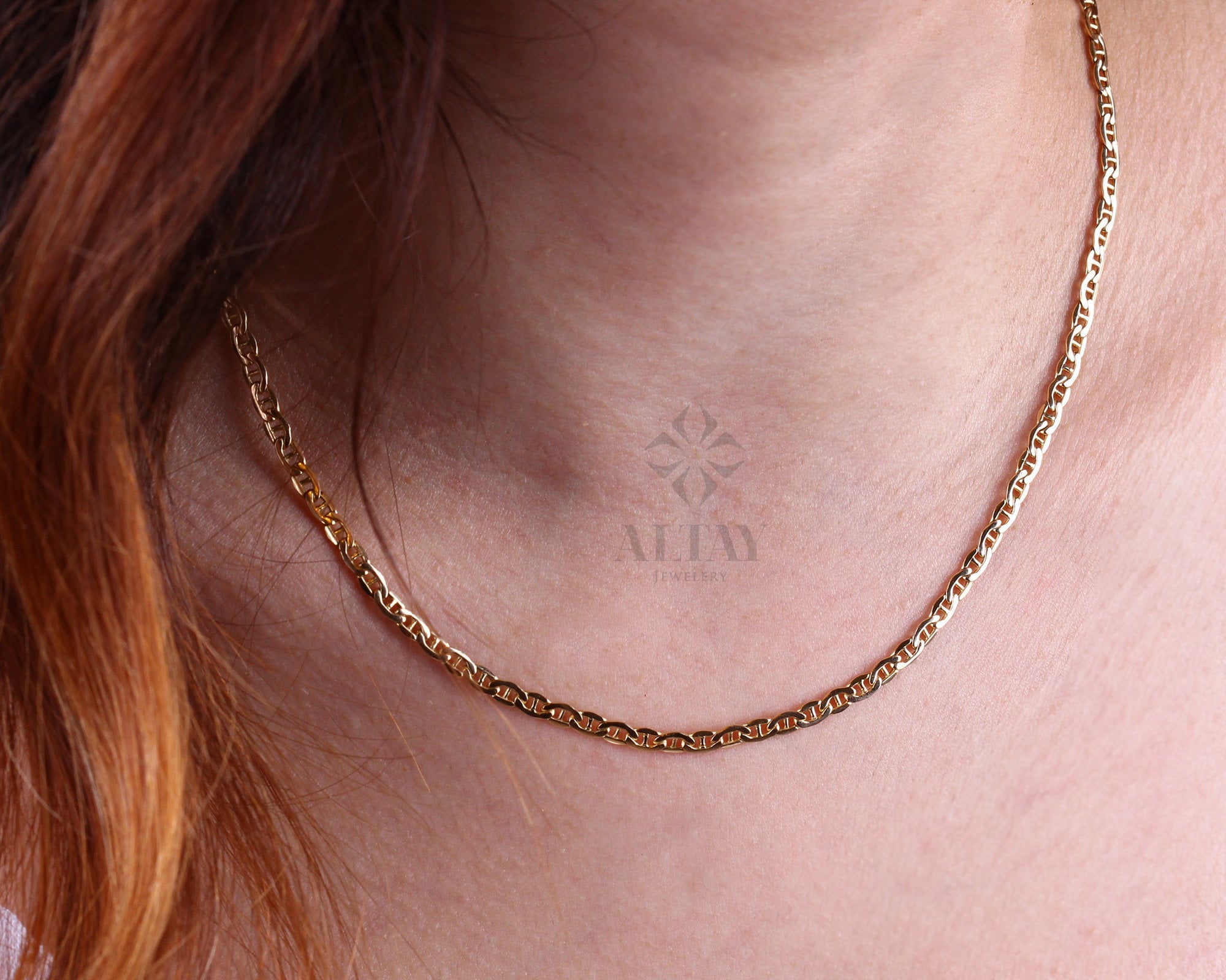 14K Gold Anchor Mariner Chain Necklace, 3mm 4mm Flat Choker, Mariner Curb Chain, Bold Mariner Chain, Mariner Anchor Chain, Men Women Chain