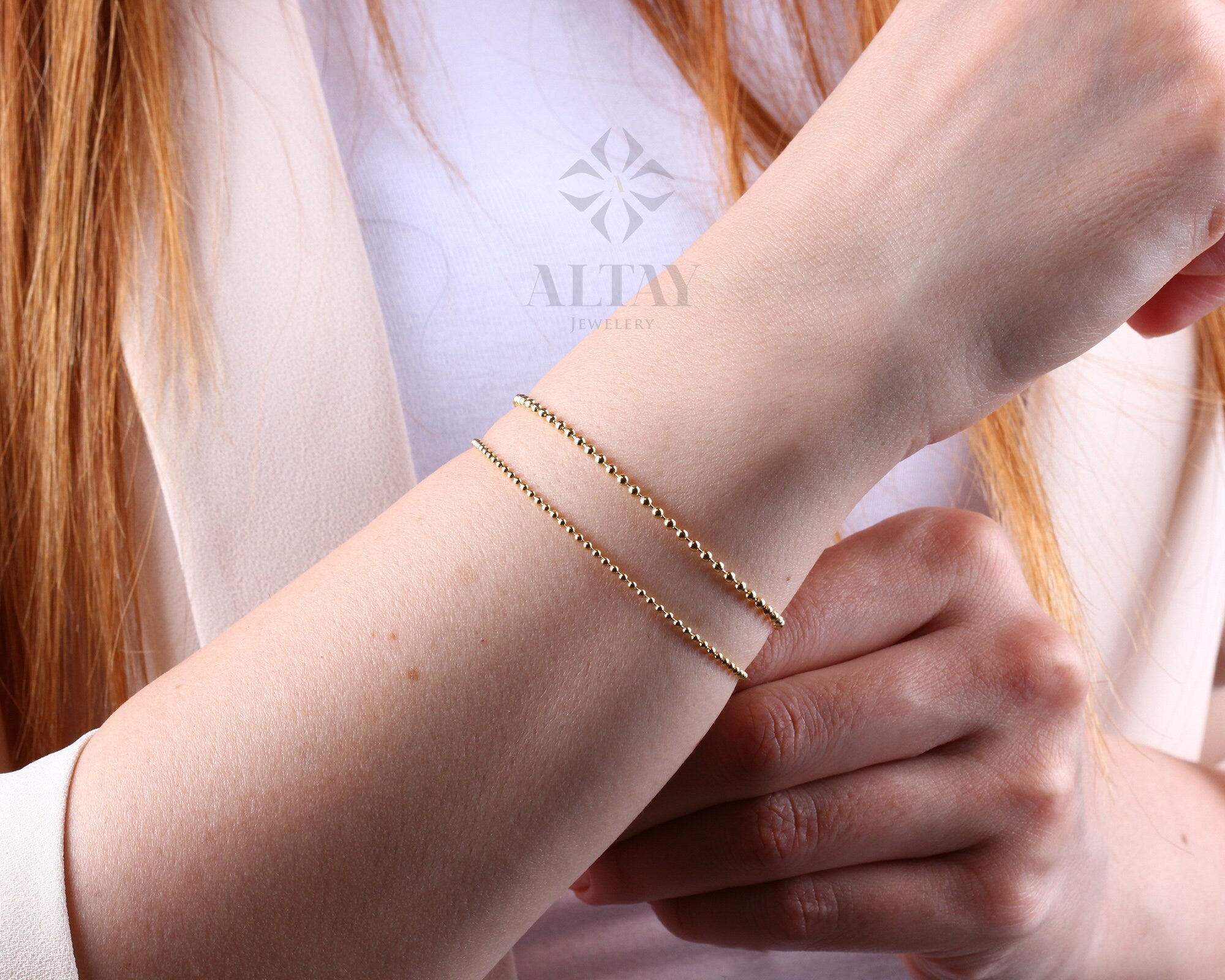 14K Gold Beaded Chain Bracelet, Italian Ball Bead Bracelet, 1.5MM 2MM Layering Link Wristband, Delicate Dainty Gold Beads, Gift For Her Him