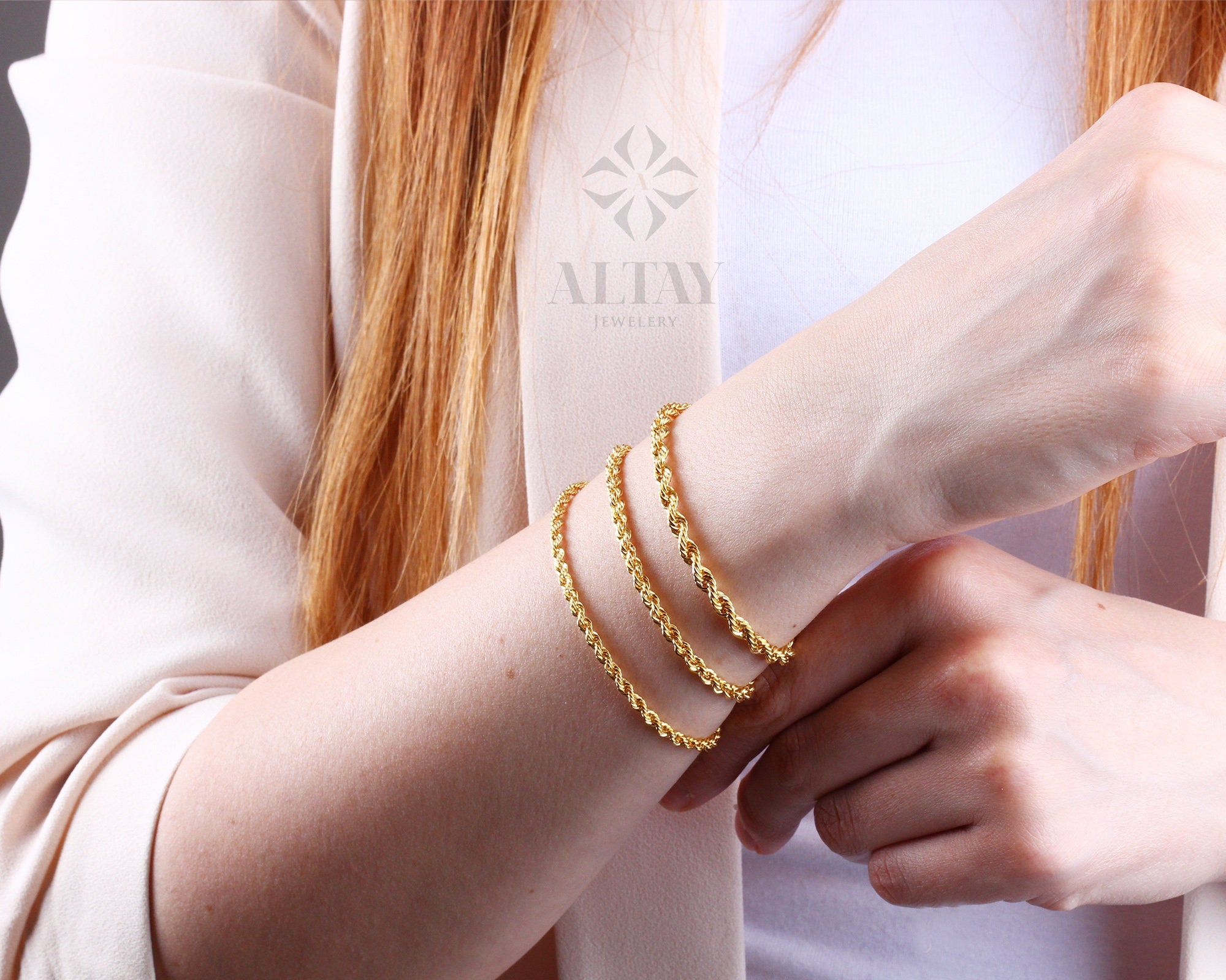 14K Gold Rope Chain Bracelet, 2mm 3mm 4mm Rope Chain, Diamond Cut Twisted Chain Bracelet, Men, Woman Stacking Bracelet Anklet, Gift For Her