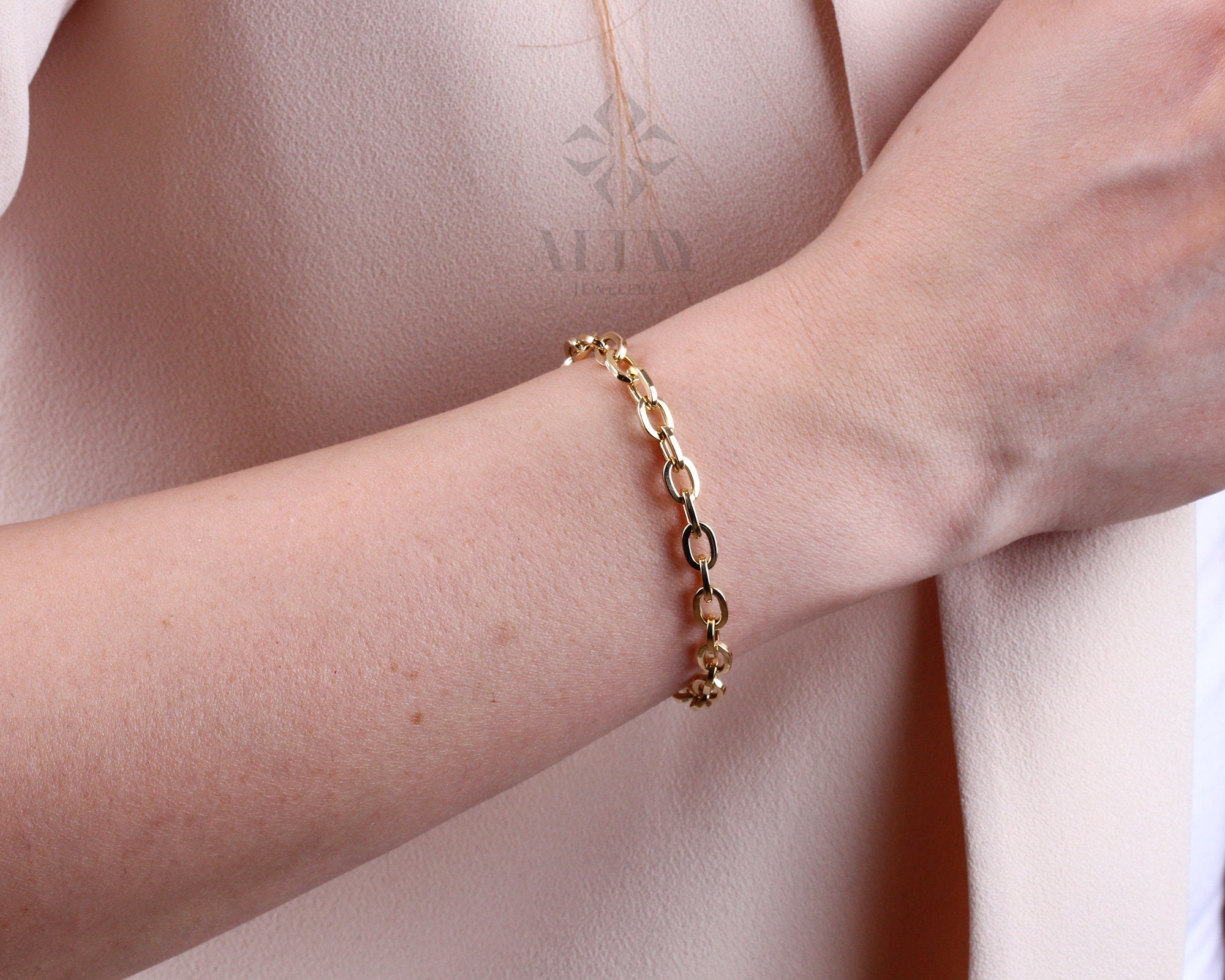 14K Gold Paperclip Rolo Chain Bracelet, Oval Rectangle Paper Clip Chain, Gold Thick Flat Oval Link, Woman Man Gold Bracelet, Rolo Gold Link