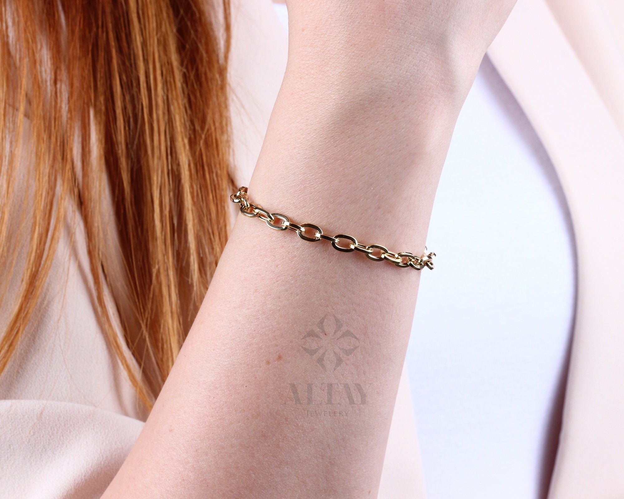 14K Gold Paperclip Rolo Chain Bracelet, Oval Rectangle Paper Clip Chain, Gold Thick Flat Oval Link, Woman Man Gold Bracelet, Rolo Gold Link