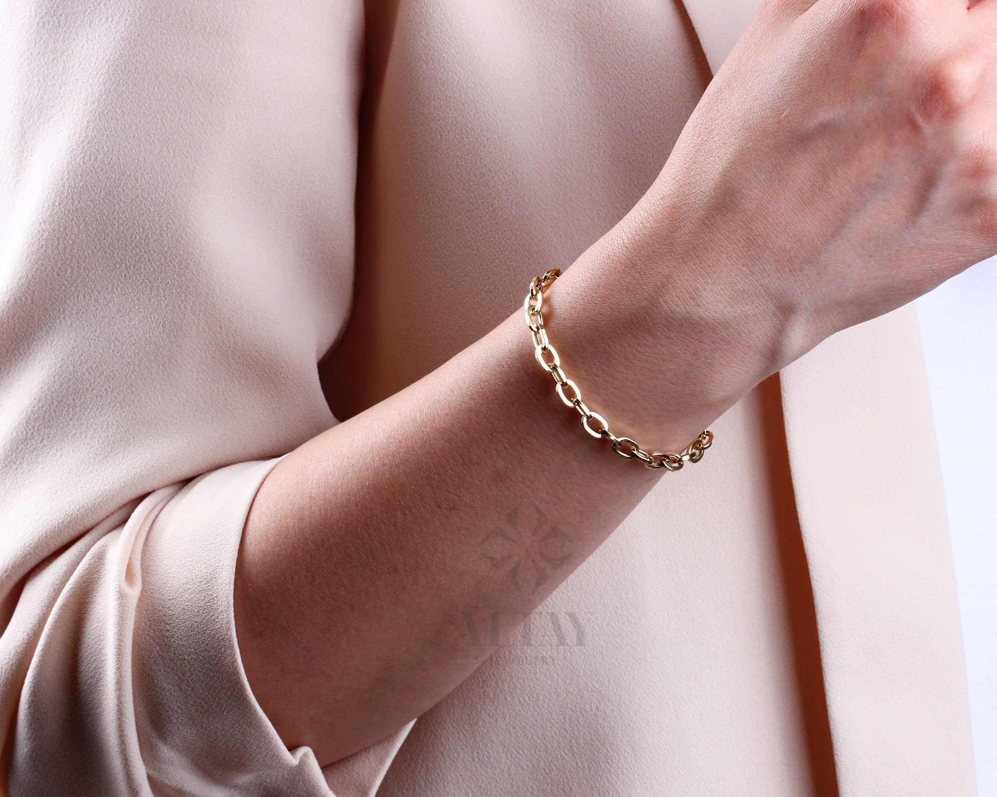 14K Gold Paperclip Rolo Chain Bracelet, Oval Rectangle Paper Clip Chain, Gold Thick Flat Oval Link, Woman Man Gold Bracelet, Rolo Gold Link