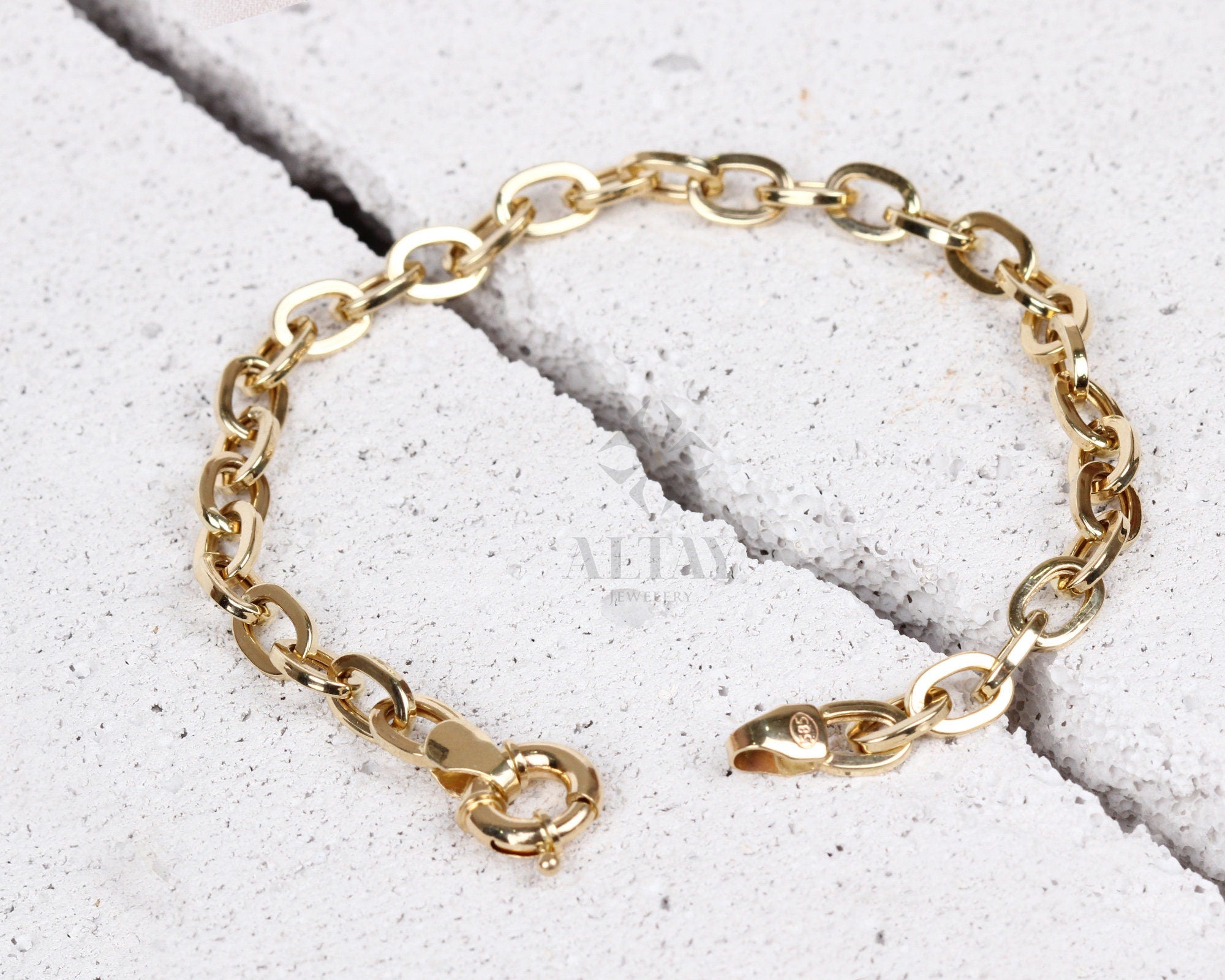 14K Gold Paperclip Rolo Chain Bracelet, Oval Rectangle Paper Clip Chain, Gold Thick Flat Oval Link, Woman Man Gold Bracelet, Rolo Gold Link