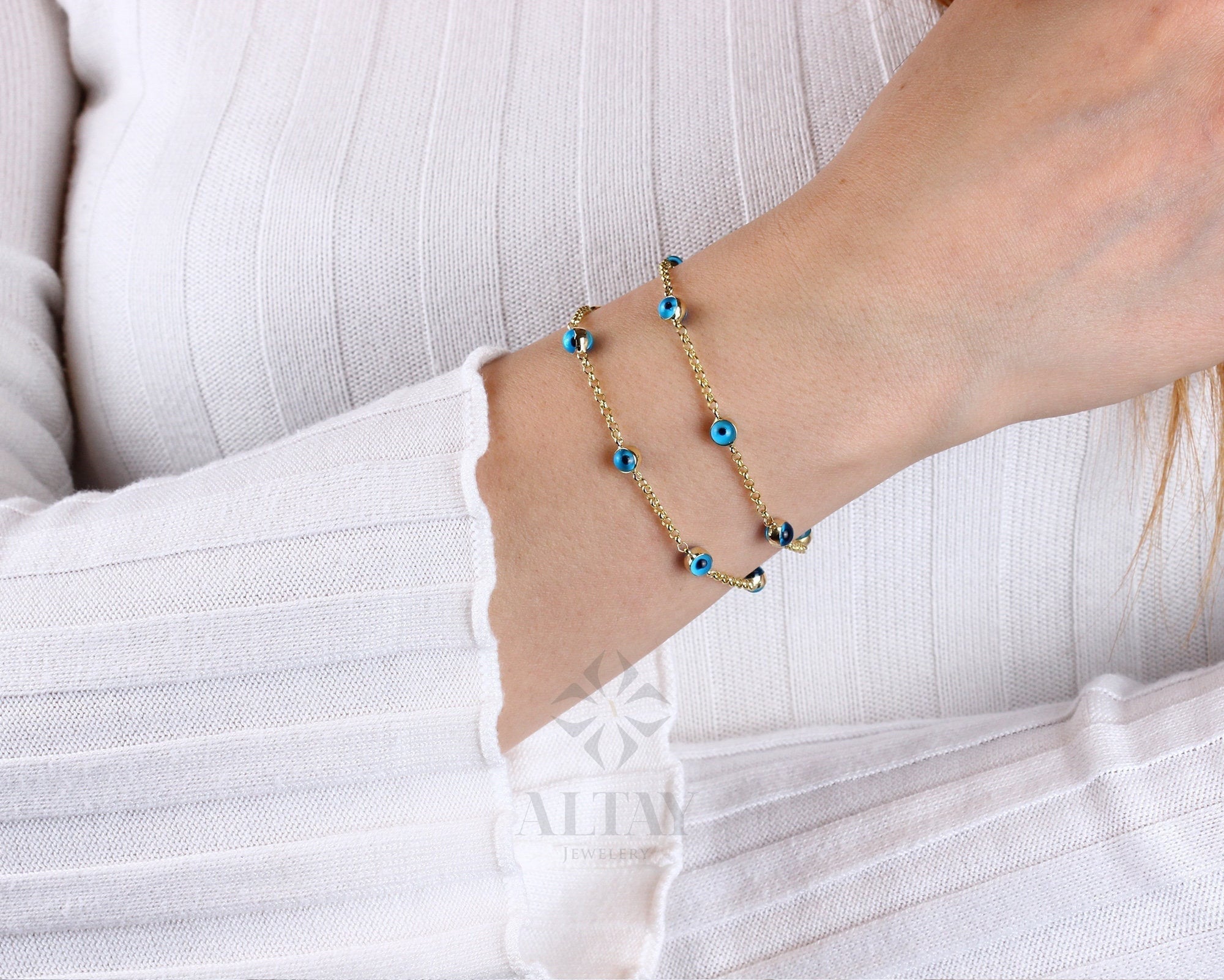 14K Gold Evil Eye Bracelet, Gold Chain Bracelet, Evil Eye Charm Bracelet, Everyday Rolo Gold Jewelry, Minimalist Jewelry, Gift for Her
