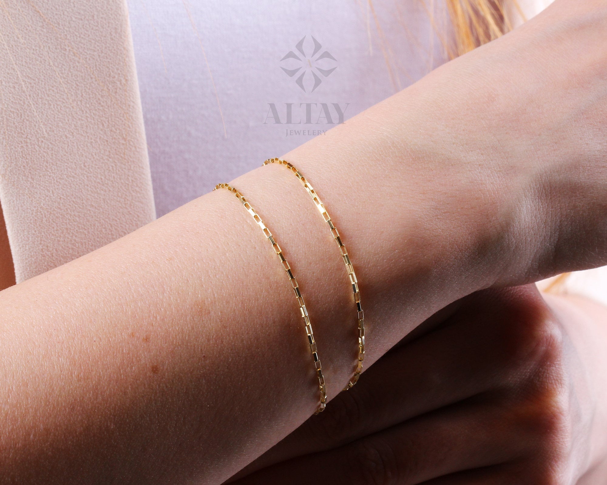 14K Gold Rectangle Box Chain Bracelet, 1.35mm Tiny Link Gold Chain Bracelet, Gold Paperclip Venetian Box Chain, Layering Elongated Link