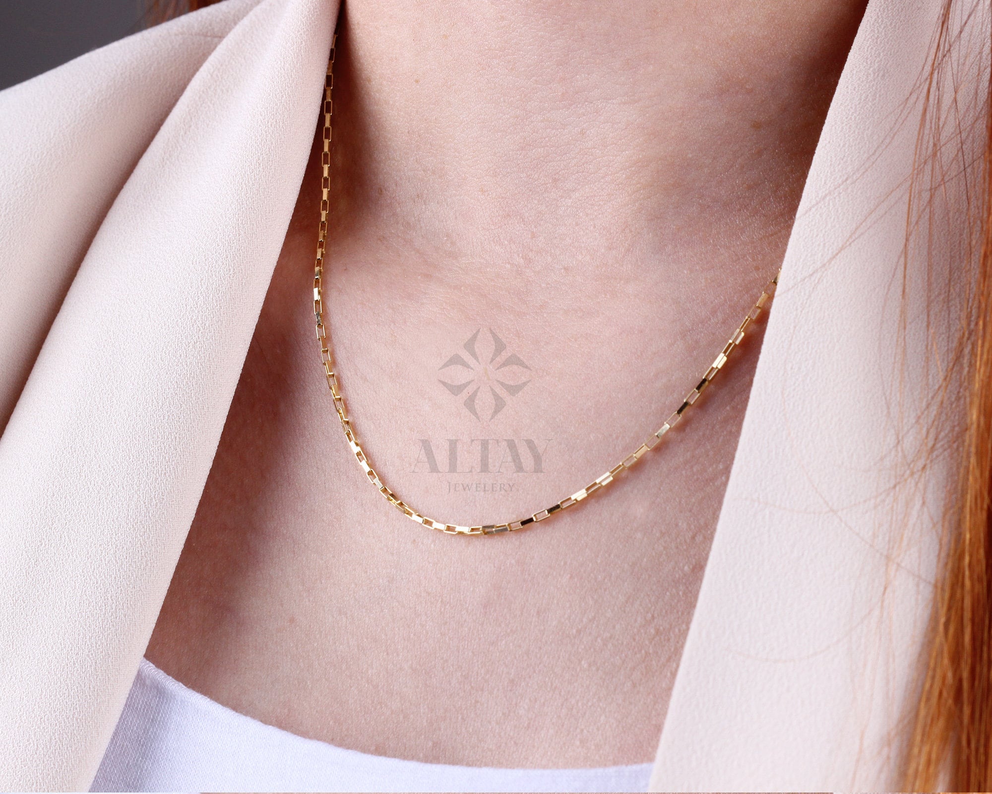 14K Gold Rectangle Box Chain Necklace, 1.35mm Tiny Link Gold Chain Choker, Gold Paperclip Venetian Box Chain, Layering Elongated Link