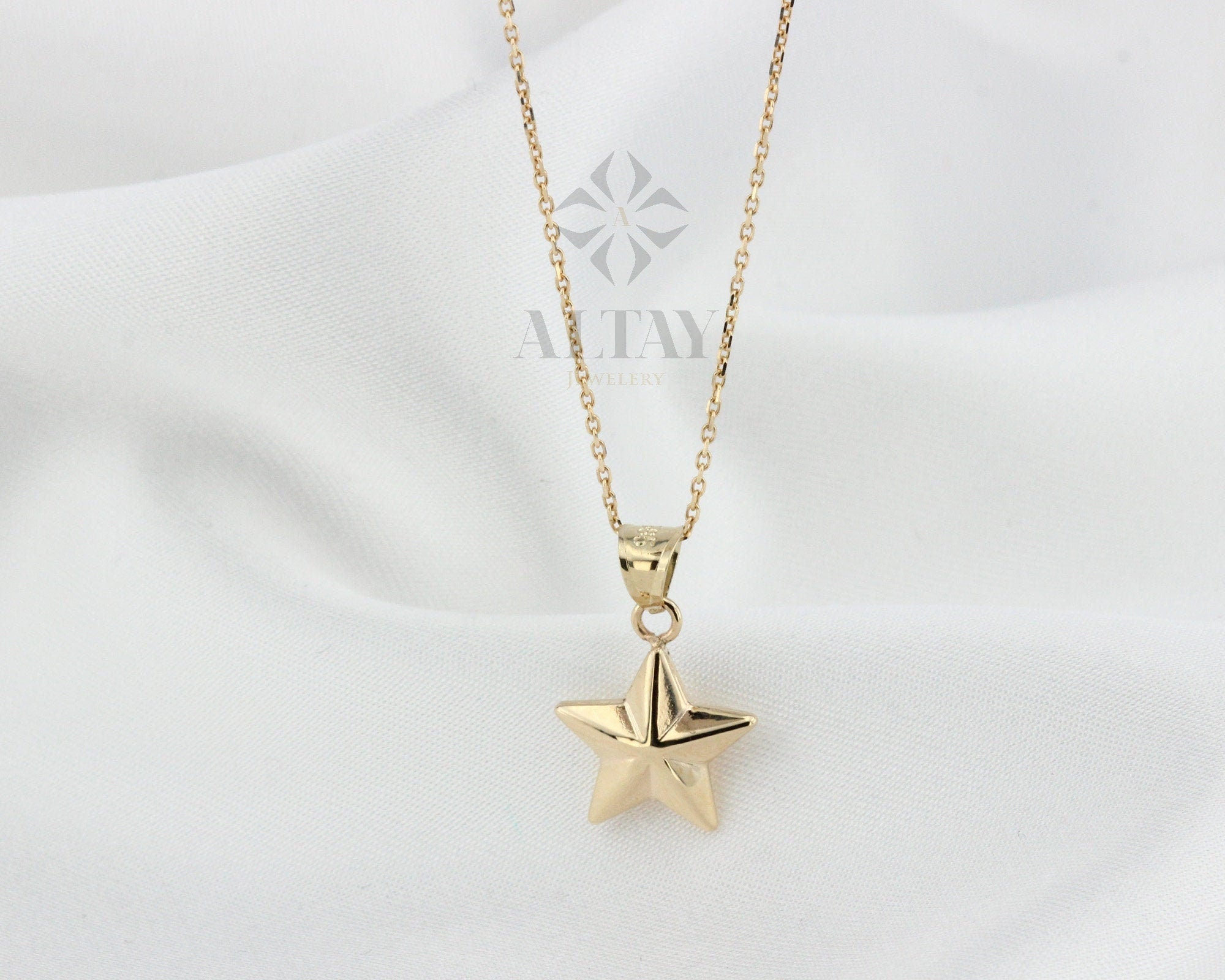 14K Gold Star Necklace, Small Star Pendant, 3D Star Charm Necklace, Stars Dainty Charm, Simple Tiny Necklace, Boho Jewelry, Gift for Her