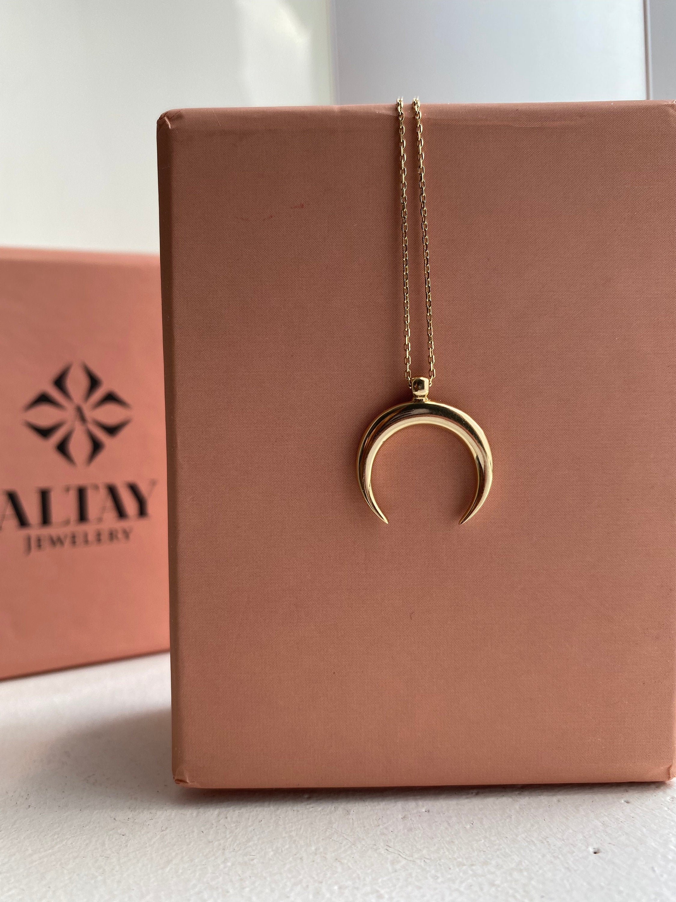 14K Solid Gold Crescent Moon Necklace, Half Moon, Double Horn, Tusk Pendant, Romantic Gift For Her, Woman Charm, Minimal Fashion, Jewelery