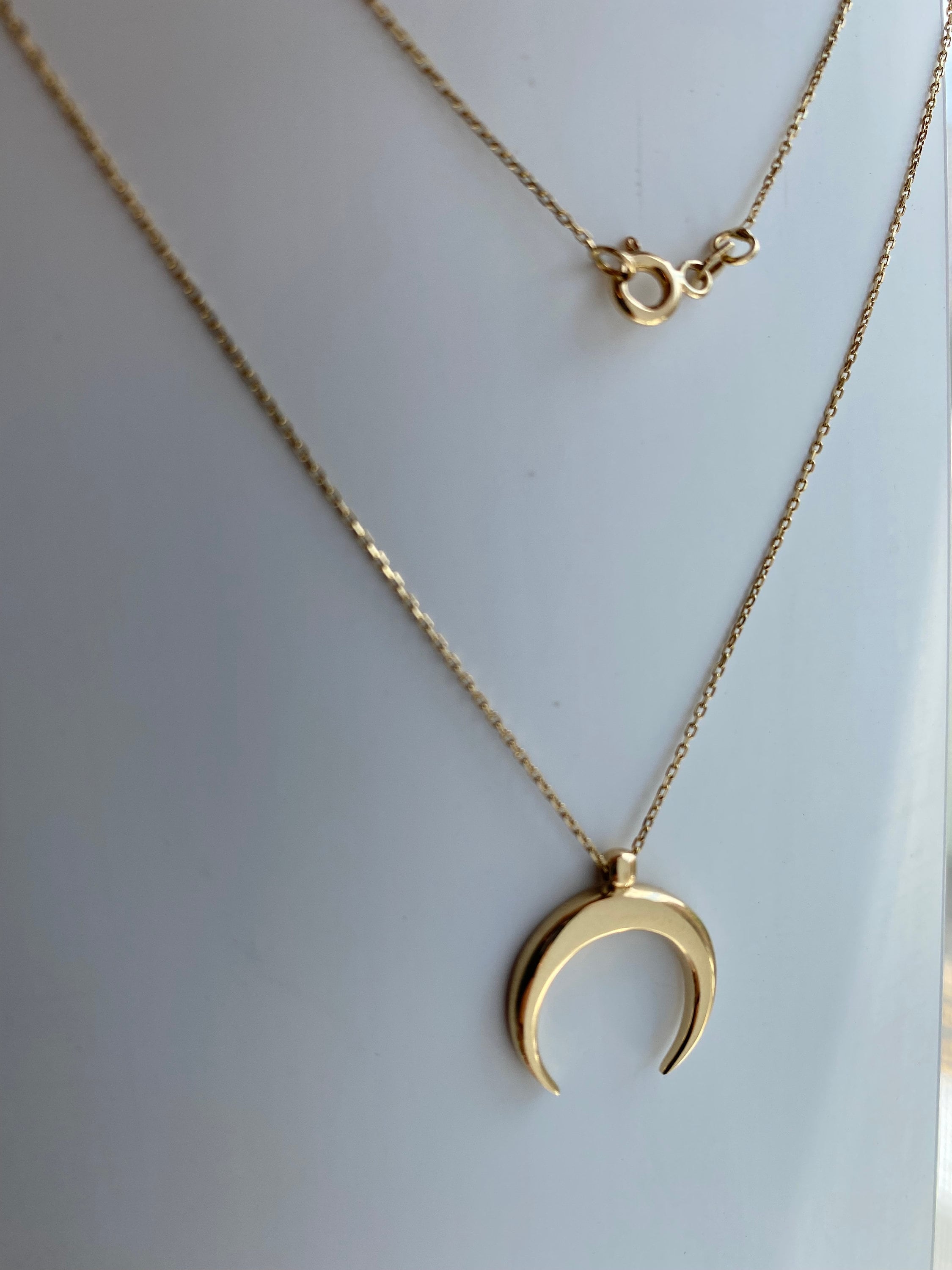 14K Solid Gold Crescent Moon Necklace, Half Moon, Double Horn, Tusk Pendant, Romantic Gift For Her, Woman Charm, Minimal Fashion, Jewelery