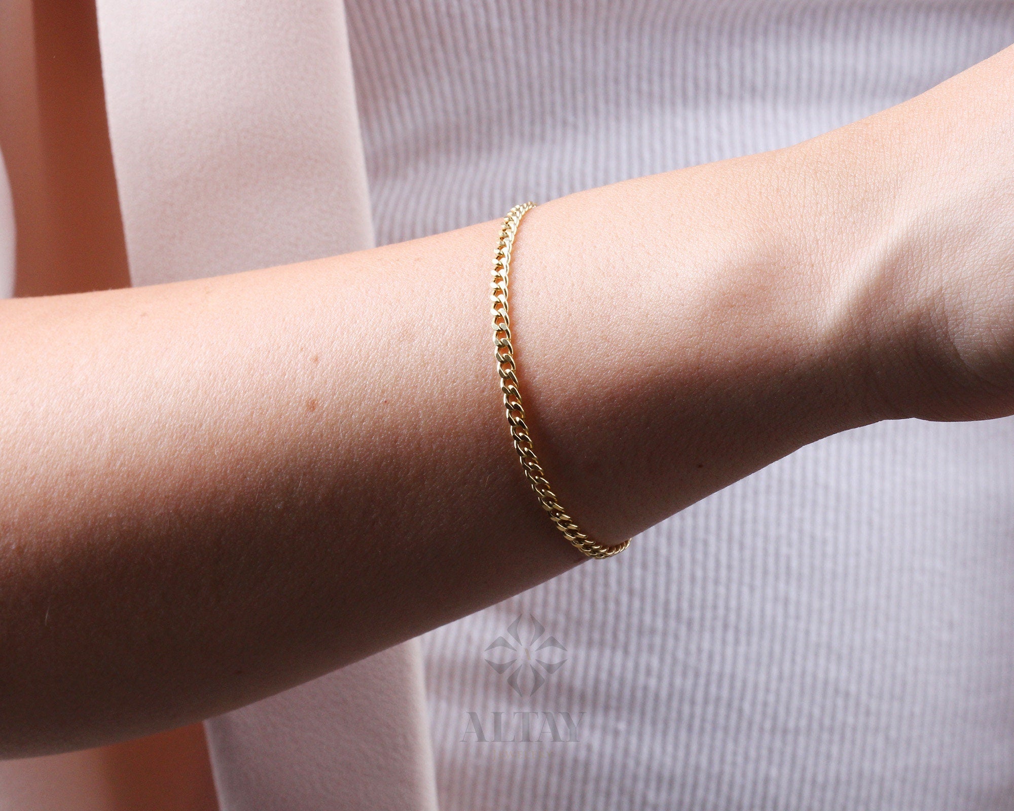 14K Gold Cuban Link Bracelet, 3mm Curb Layering Chain Anklet, Miami Cuban Bold Link, Stacking Bracelet, Unisex Bracelet, Gift For Her