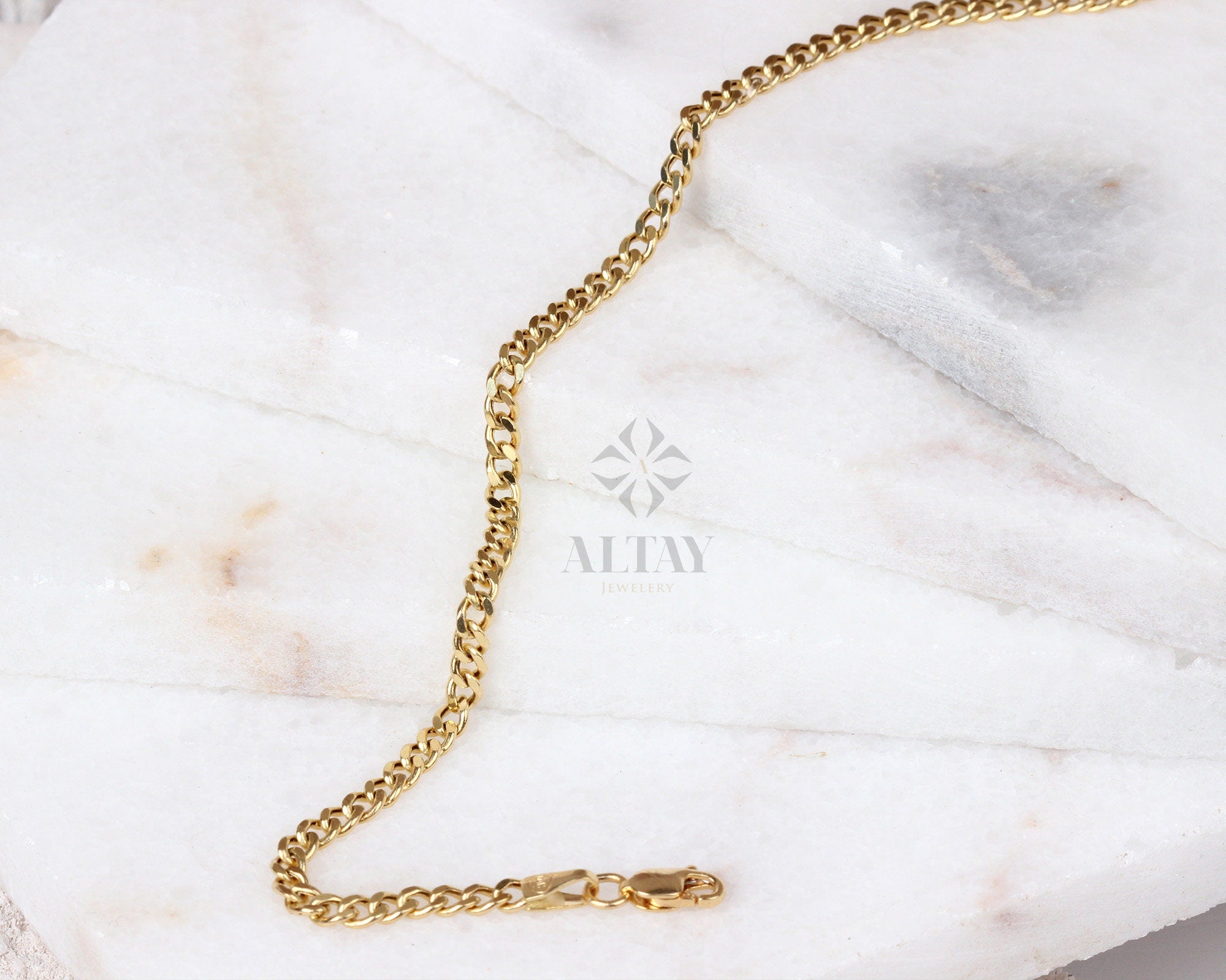 14K Gold Cuban Link Bracelet, 3mm Curb Layering Chain Anklet, Miami Cuban Bold Link, Stacking Bracelet, Unisex Bracelet, Gift For Her