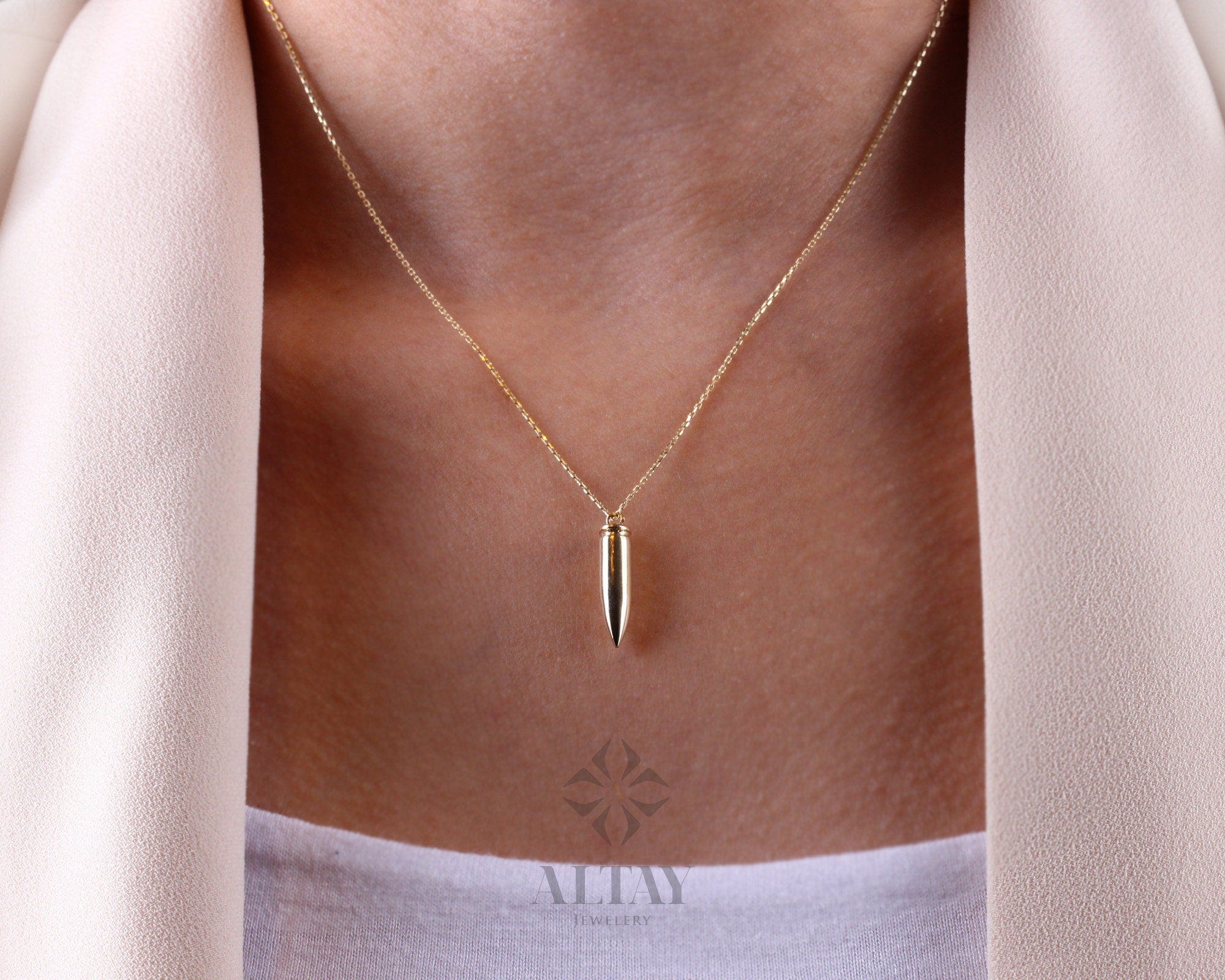 14K Gold Bullet Necklace, 4mm Bullet Pendant, Personalized Bullet Charm Jewelery, Engraved Bullet Choker, Soldier Jewelry, Custom Gold Gift