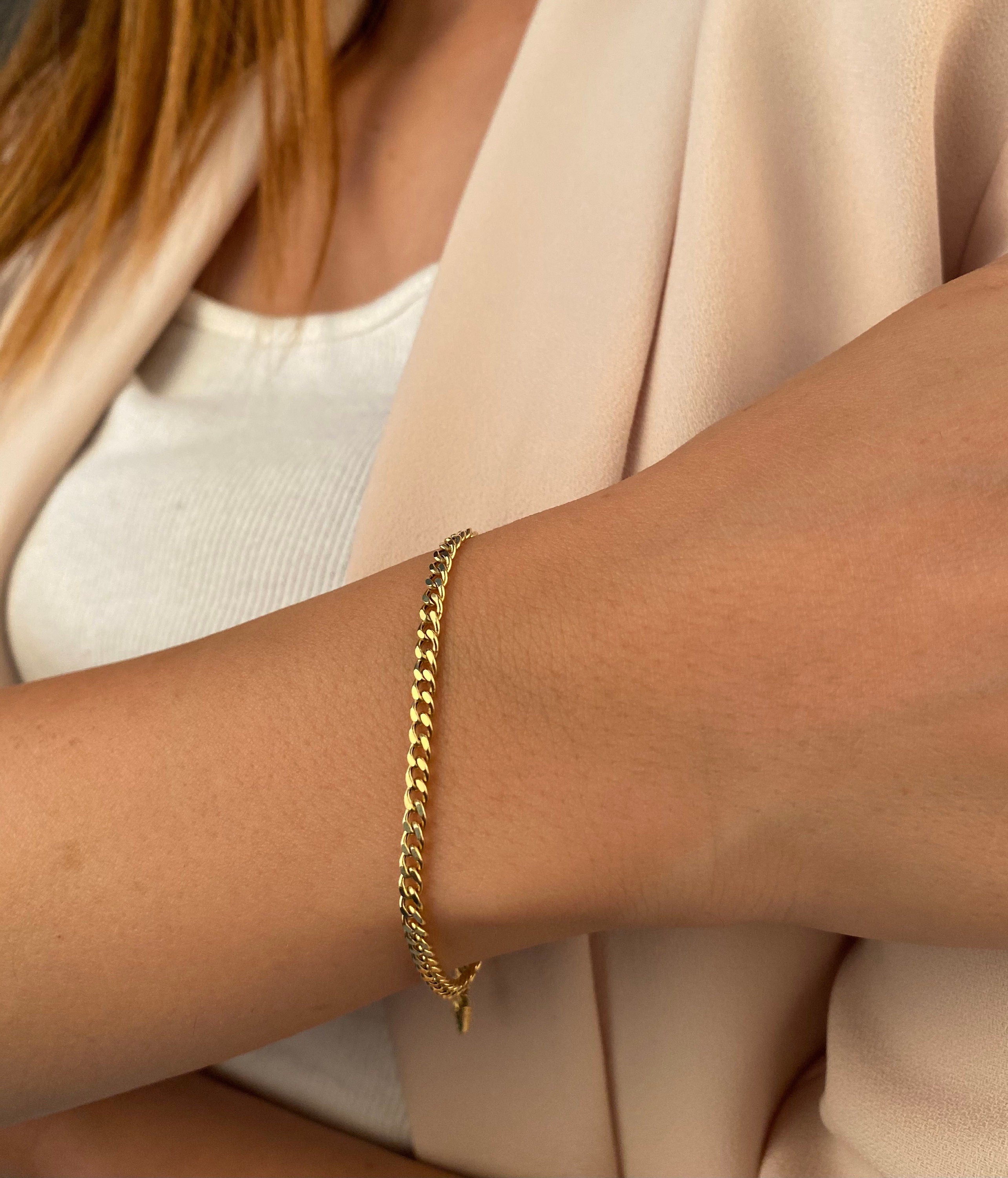 14K Gold Cuban Link Bracelet, 3mm Curb Layering Chain Anklet, Miami Cuban Bold Link, Stacking Bracelet, Unisex Bracelet, Gift For Her