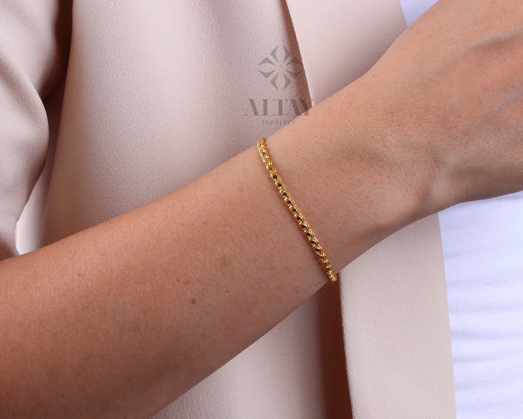 14K Solid Gold Mirror Chain Bracelet, 3mm Sequin Bracelet, Elegant Anklet Unisex Chain, Sparkle Fashion Delicate, Stacking, Gift For Her Him