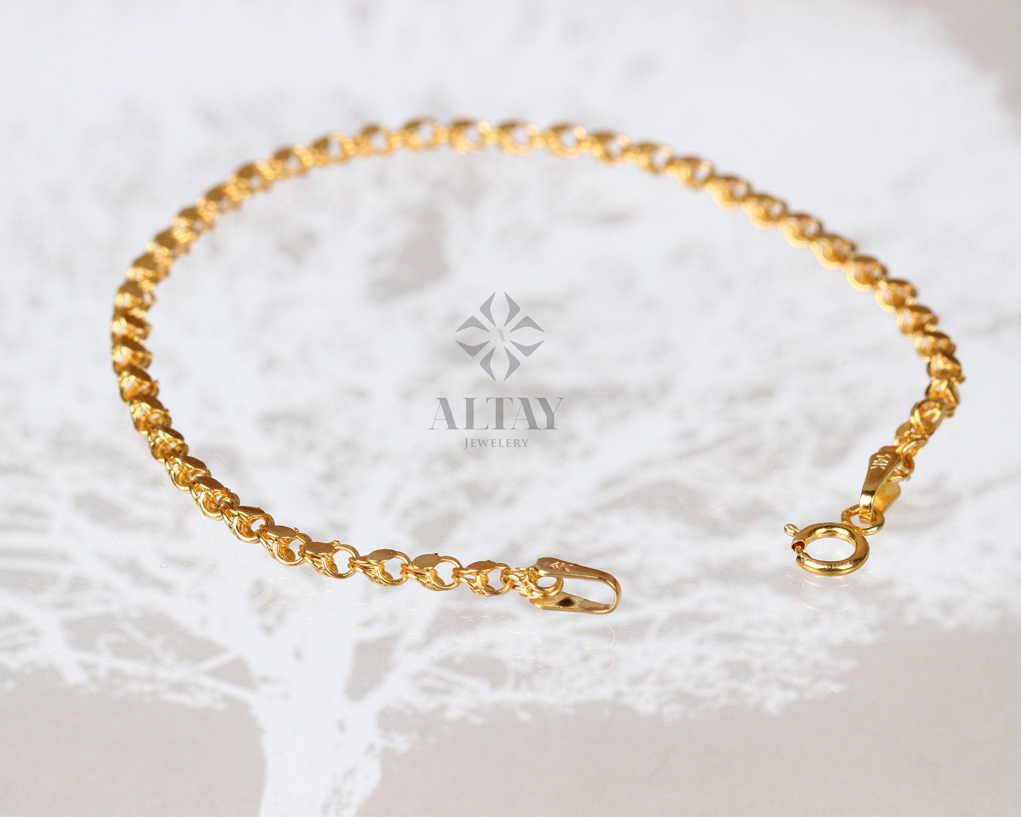 14K Solid Gold Mirror Chain Bracelet, 3mm Sequin Bracelet, Elegant Anklet Unisex Chain, Sparkle Fashion Delicate, Stacking, Gift For Her Him