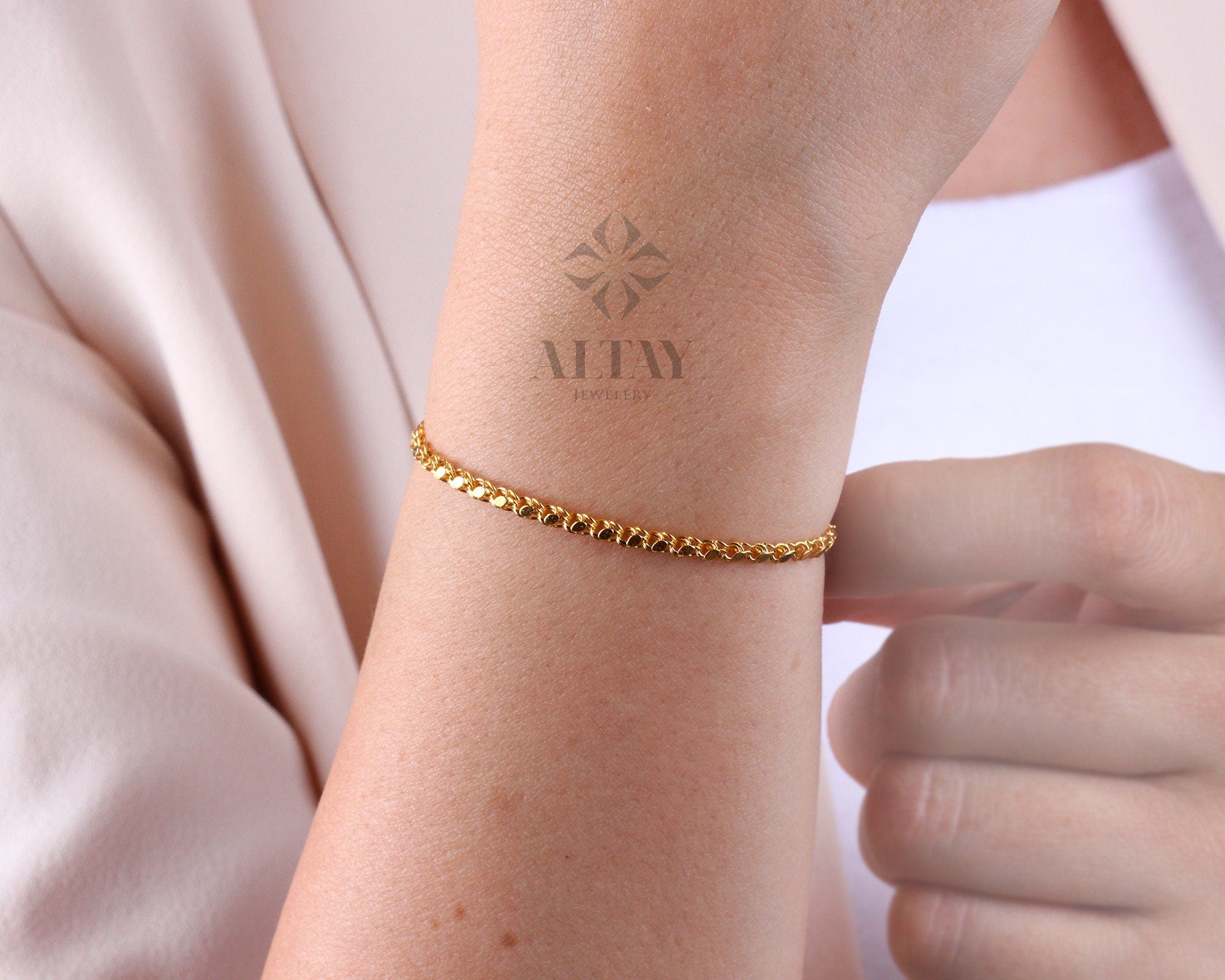 14K Solid Gold Mirror Chain Bracelet, 3mm Sequin Bracelet, Elegant Anklet Unisex Chain, Sparkle Fashion Delicate, Stacking, Gift For Her Him