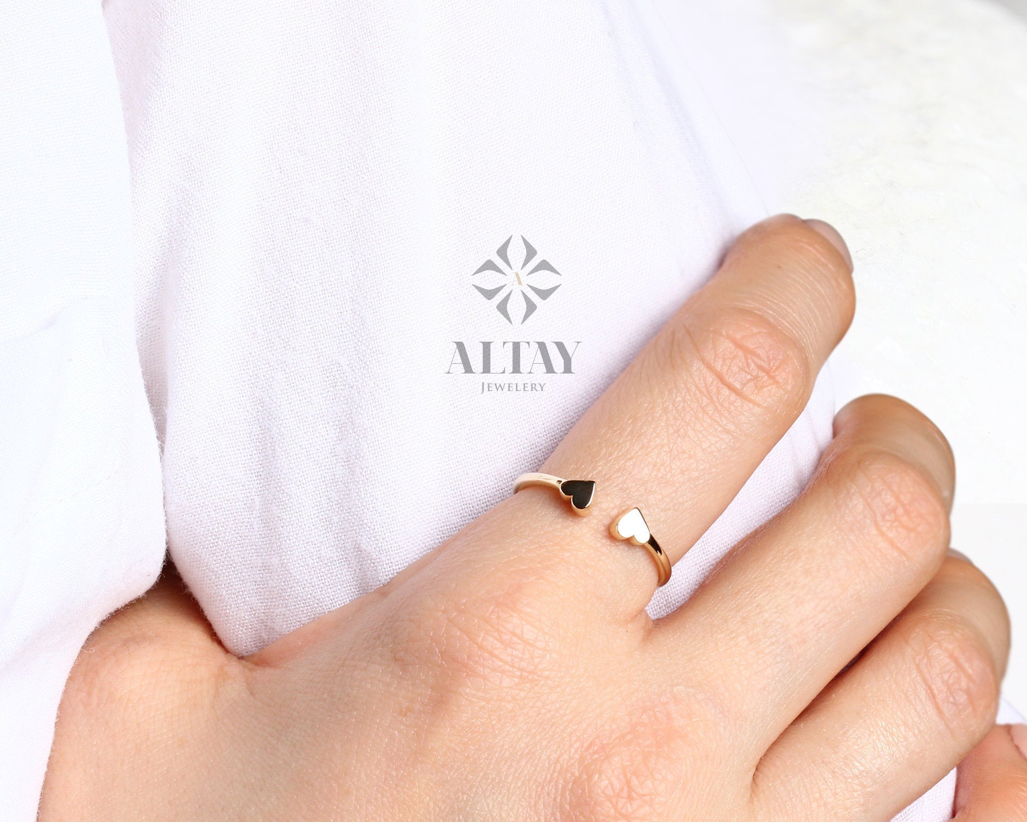 14K Gold Heart Ring, Double Heart Ring, Personalized Open Heart, Minimalist Stackable Ring, Promise Knuckle Band Ring, Love Promise Ring
