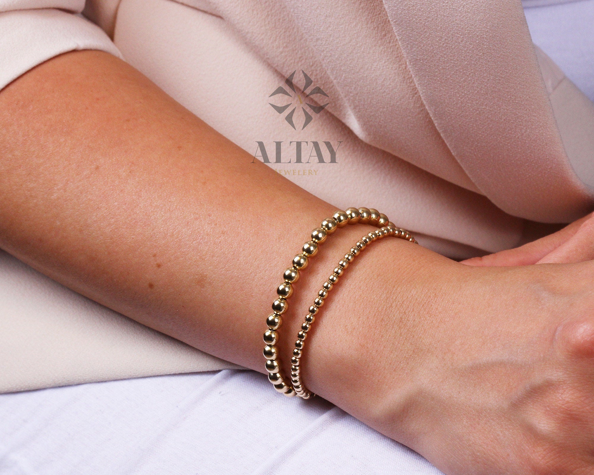 14K Gold Beaded Chain Bracelet, 3mm 5mm Mini Balls Bracelet, Multiballs Chain, Bead Minimalist Fashion Bracelet, Delicate, Gift For Her