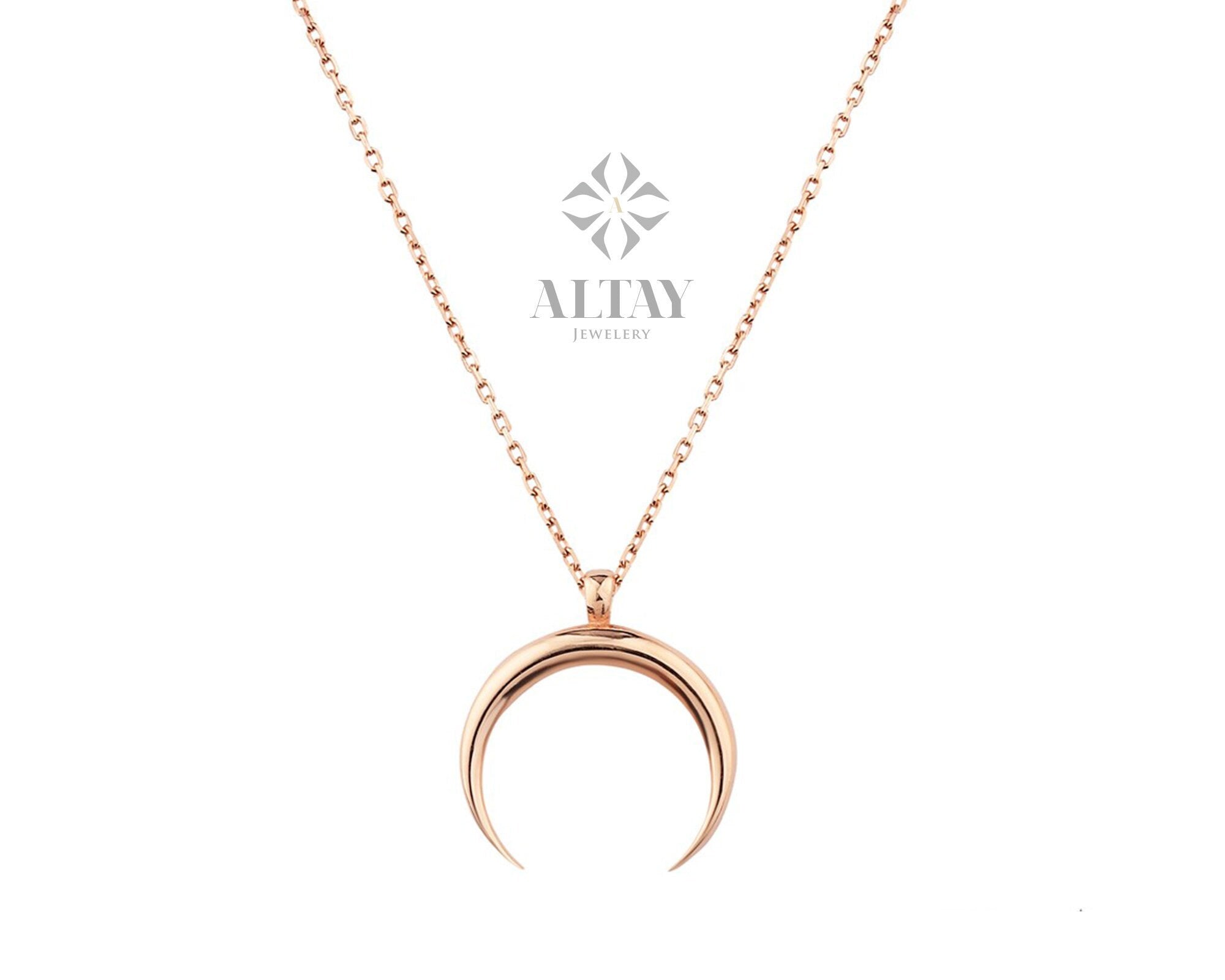 14K Solid Gold Crescent Moon Necklace, Half Moon, Double Horn, Tusk Pendant, Romantic Gift For Her, Woman Charm, Minimal Fashion, Jewelery