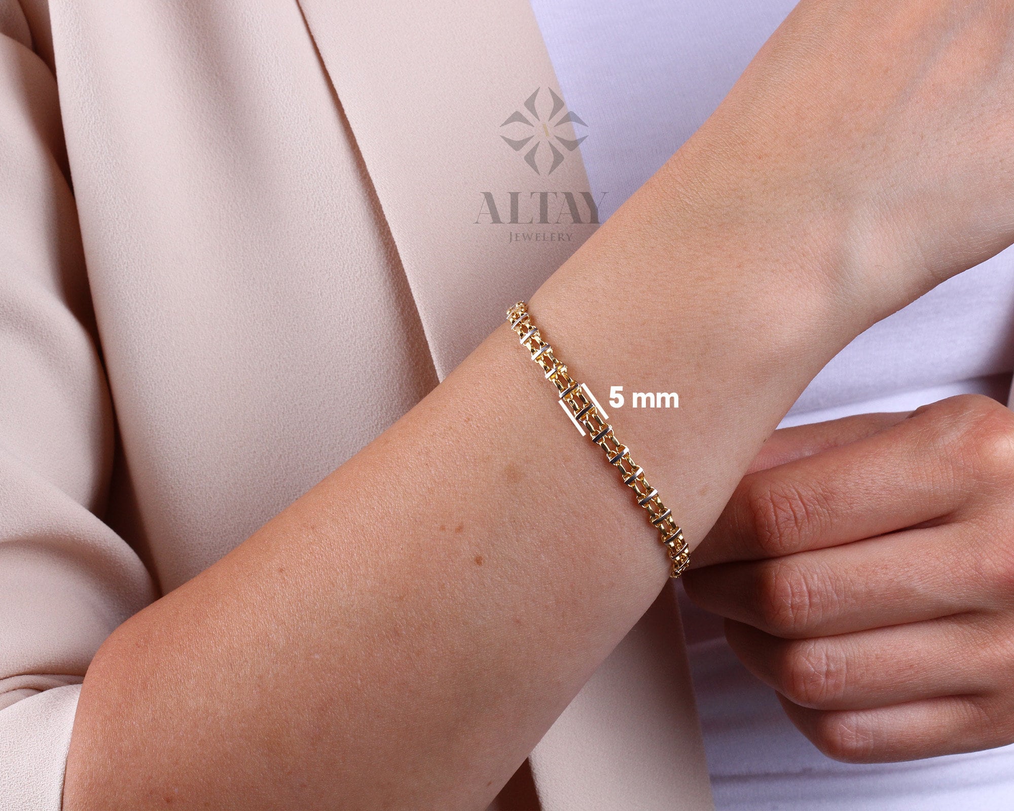 14K Gold Bismark Bracelet, 5 mm Curb Wrist Chain, Gold Herringbone Stack Link, Braided Bismarck Christmas Valentine's Day Gift For Her