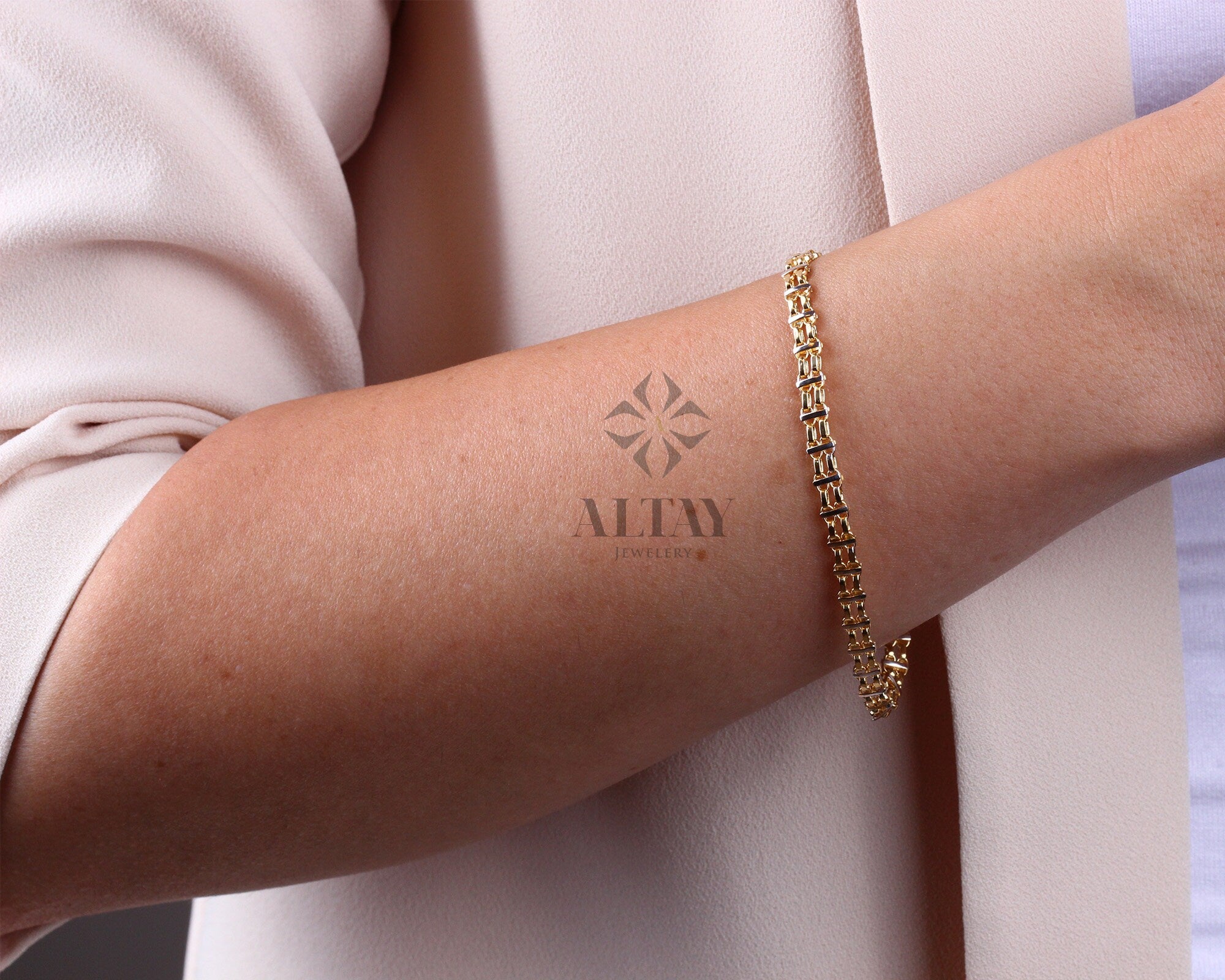 14K Gold Bismark Bracelet, 5 mm Curb Wrist Chain, Gold Herringbone Stack Link, Braided Bismarck Christmas Valentine's Day Gift For Her