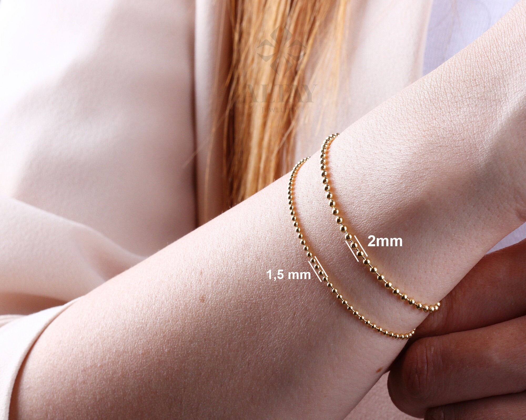 14K Gold Beaded Chain Bracelet, Italian Ball Bead Bracelet, 1.5MM 2MM Layering Link Wristband, Delicate Dainty Gold Beads, Gift For Her Him