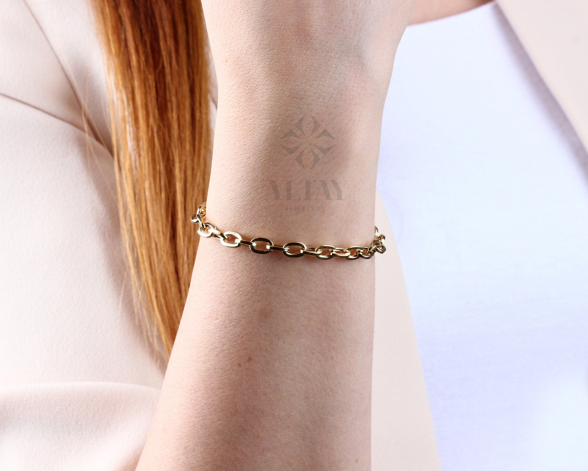 14K Gold Paperclip Rolo Chain Bracelet, Oval Rectangle Paper Clip Chain, Gold Thick Flat Oval Link, Woman Man Gold Bracelet, Rolo Gold Link