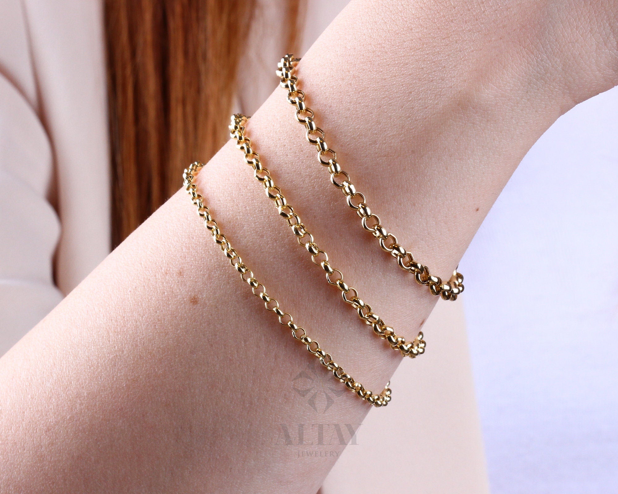 14K Gold Rolo Chain Bracelet 3mm 4mm 5mm Gold Link Belcher Chain Bracelet Rose Gold 3mm 8.5