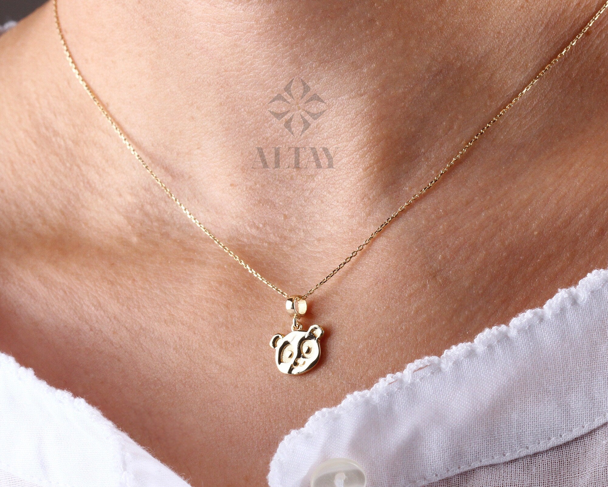 14K Gold Panda Necklace, Gold Panda Bear Pendant, Panda Face Design Choker, Animal Charm Jewelry, Unique Necklace, Luck Pendant Gift for Her
