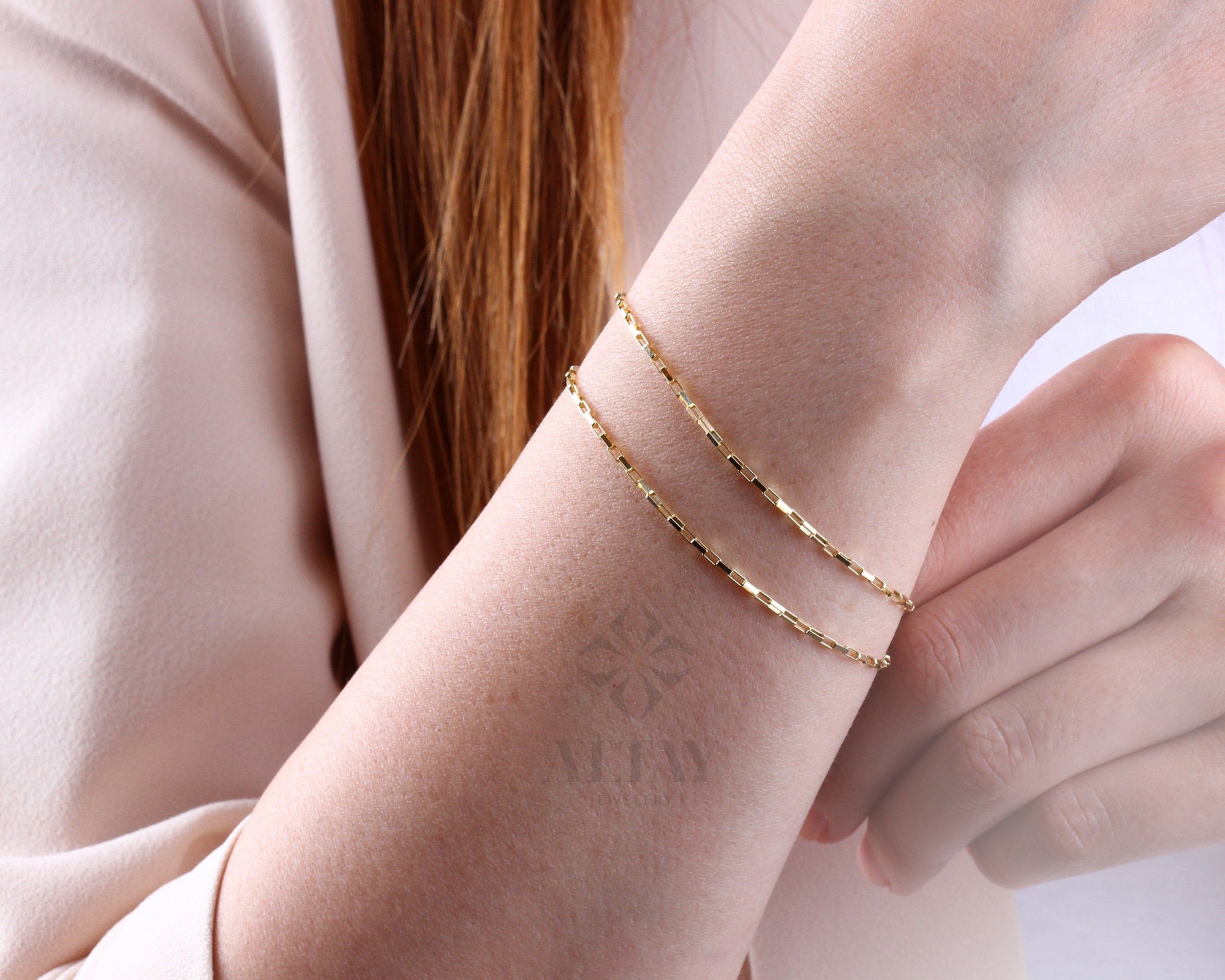 14K Gold Rectangle Box Chain Bracelet, 1.35mm Tiny Link Gold Chain Bracelet, Gold Paperclip Venetian Box Chain, Layering Elongated Link