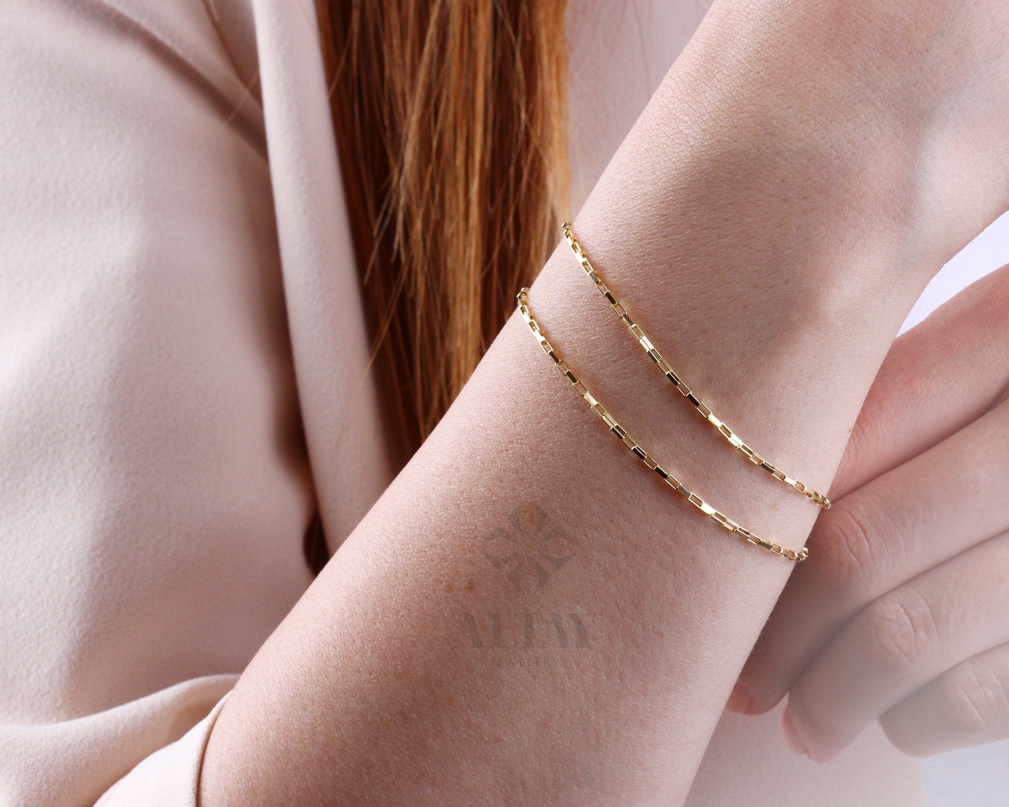 14K Gold Rectangle Box Chain Bracelet, 1.35mm Tiny Link Gold Chain Bracelet, Gold Paperclip Venetian Box Chain, Layering Elongated Link