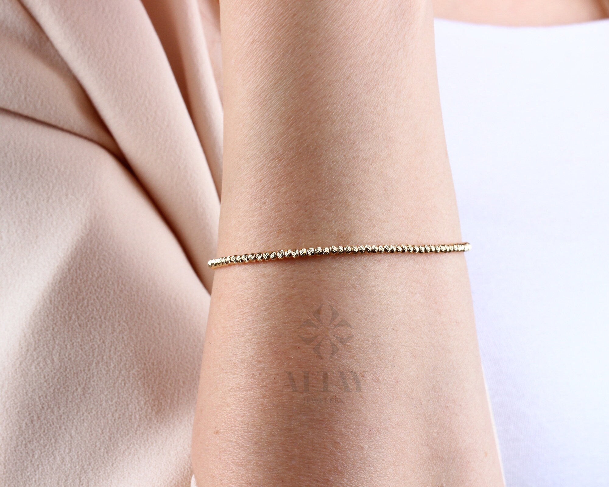14K Gold Beaded Chain Bracelet, Italian Ball Bead Bracelet, Dorica 2MM Layering Link Wristband, Delicate Dainty Gold Beads, Gift For Her Him