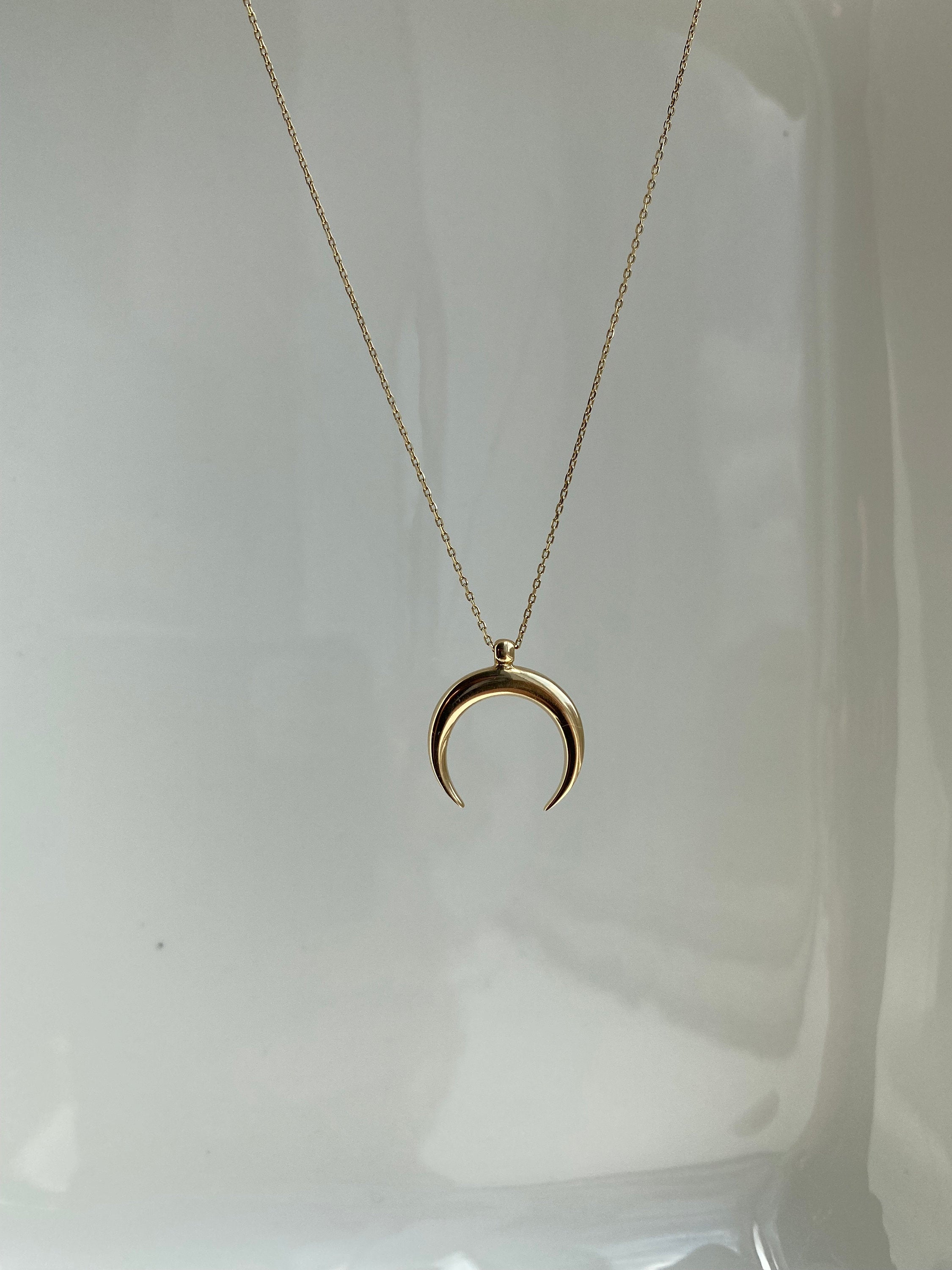 14K Solid Gold Crescent Moon Necklace, Half Moon, Double Horn, Tusk Pendant, Romantic Gift For Her, Woman Charm, Minimal Fashion, Jewelery