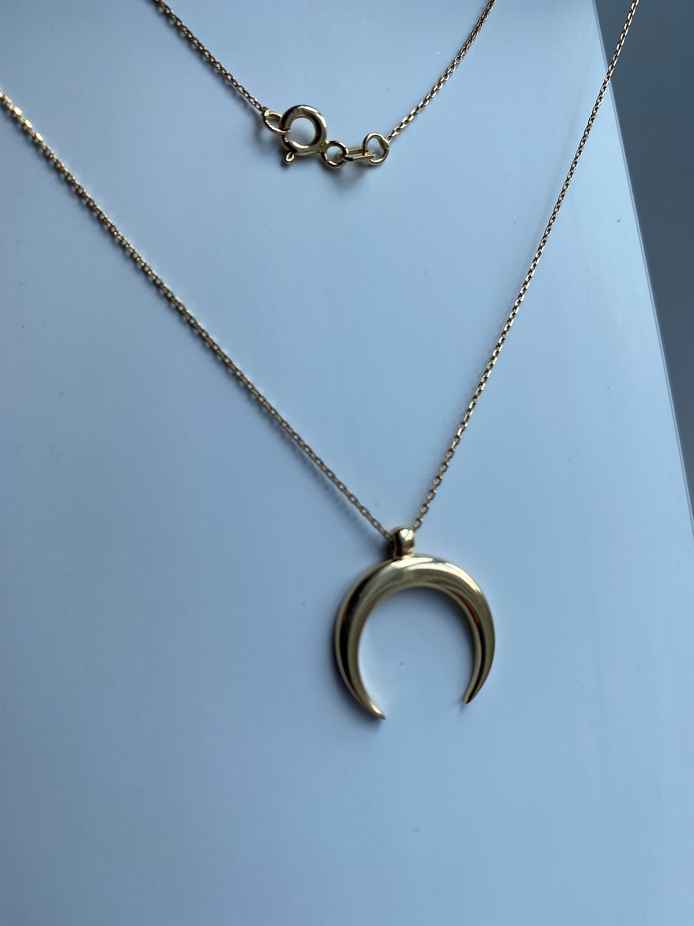 14K Solid Gold Crescent Moon Necklace, Half Moon, Double Horn, Tusk Pendant, Romantic Gift For Her, Woman Charm, Minimal Fashion, Jewelery