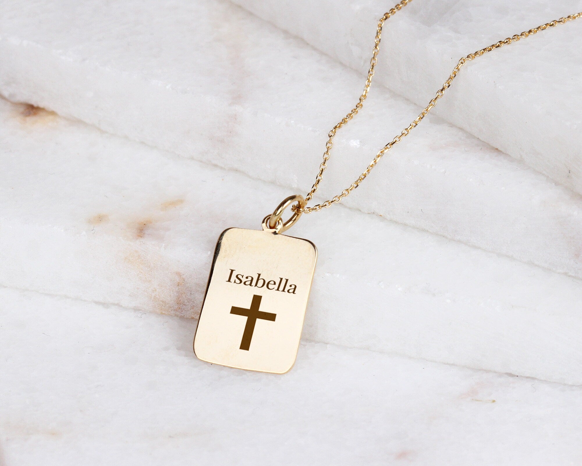 14K Gold Rectangle ID Necklace, Personalized Initial Choker, Custom Name Charm, Medical ID Necklace, Engraved Date Pendant, Gift For Her